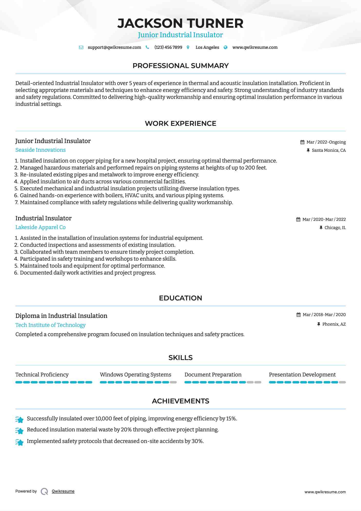 Junior Industrial Insulator  Resume Format