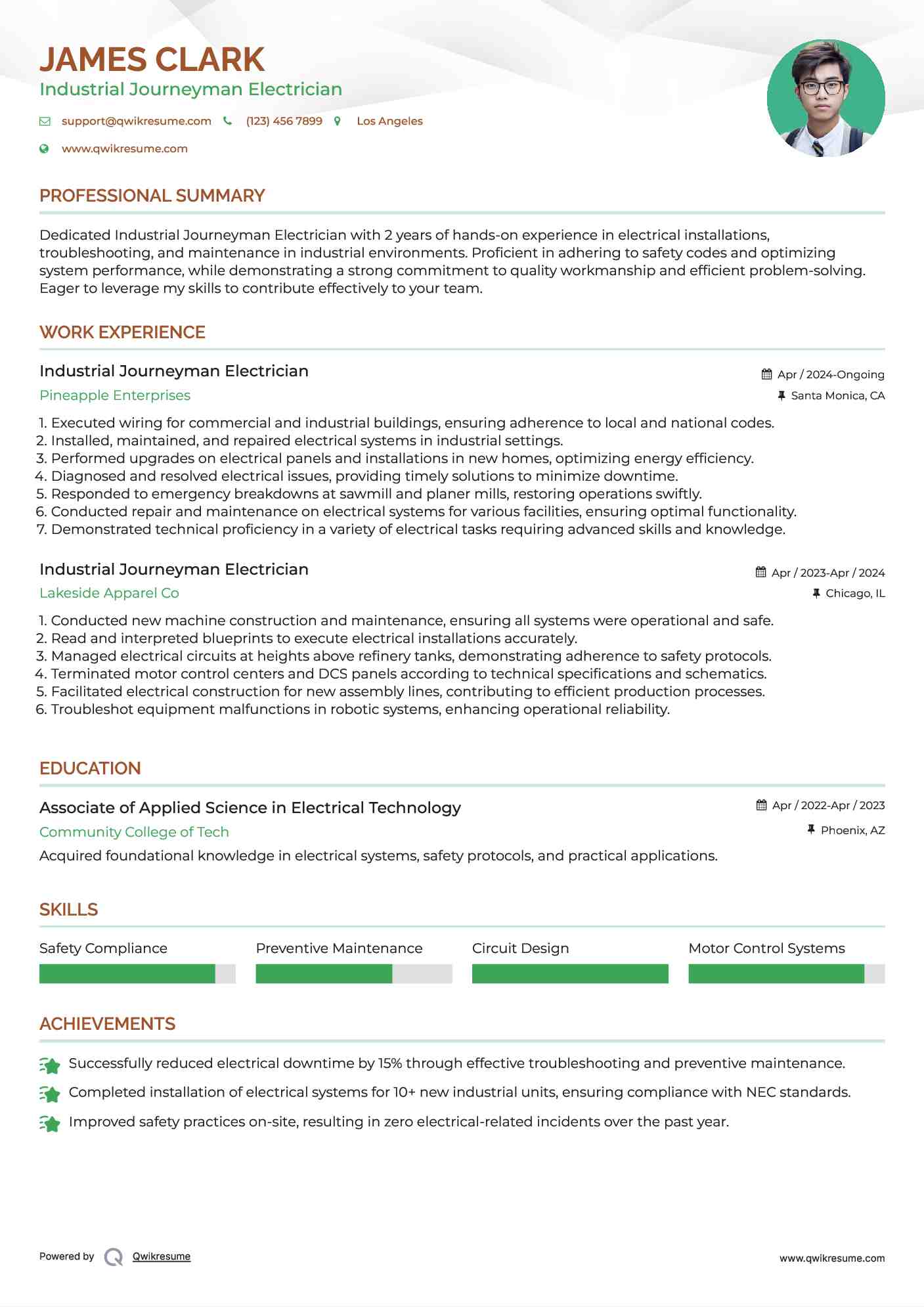Industrial Journeyman Electrician Resume Template