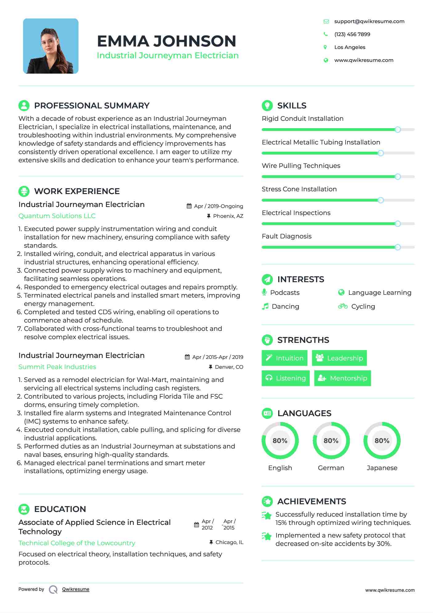 Industrial Journeyman Electrician Resume Model