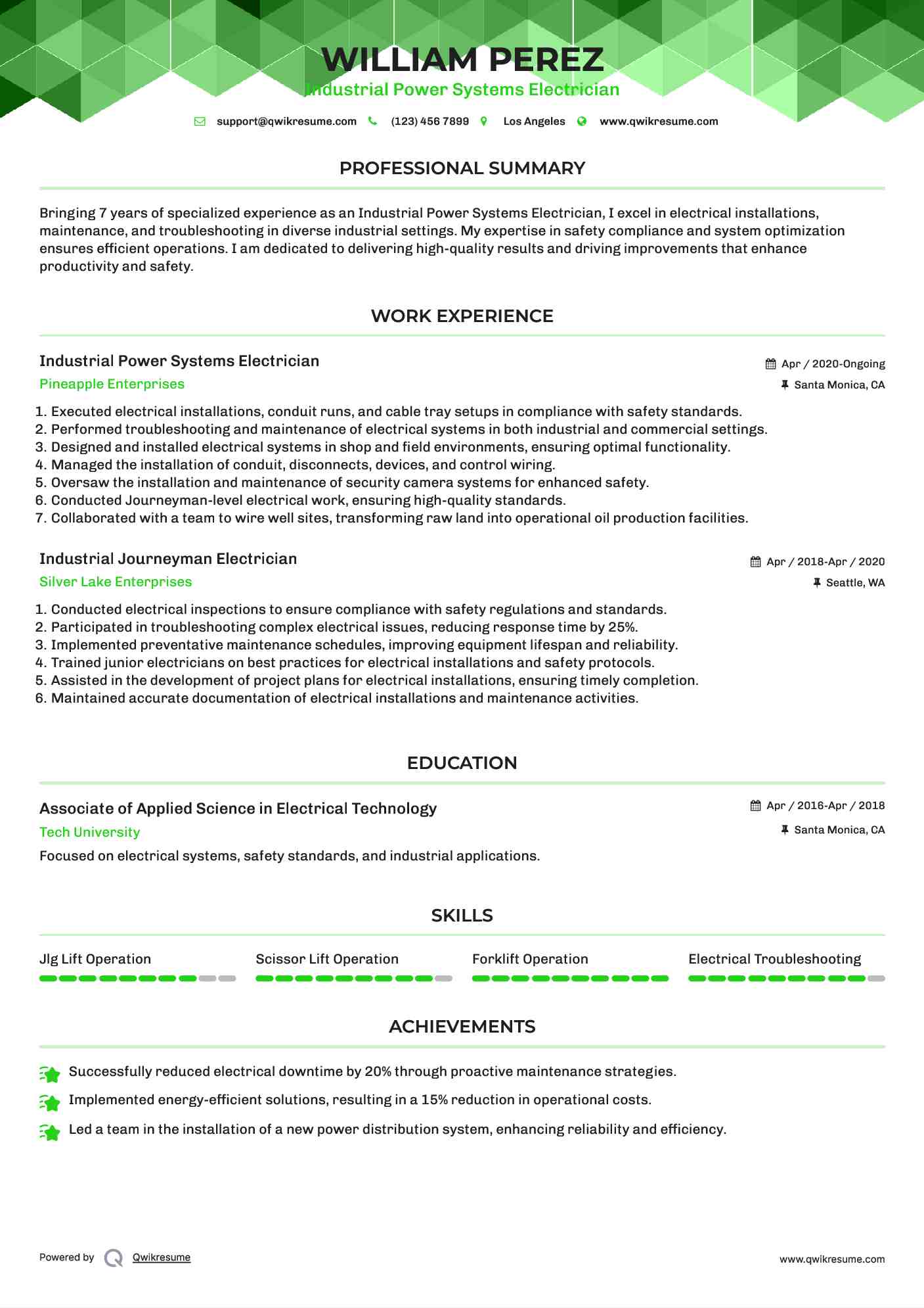 Industrial Power Systems Electrician Resume Format