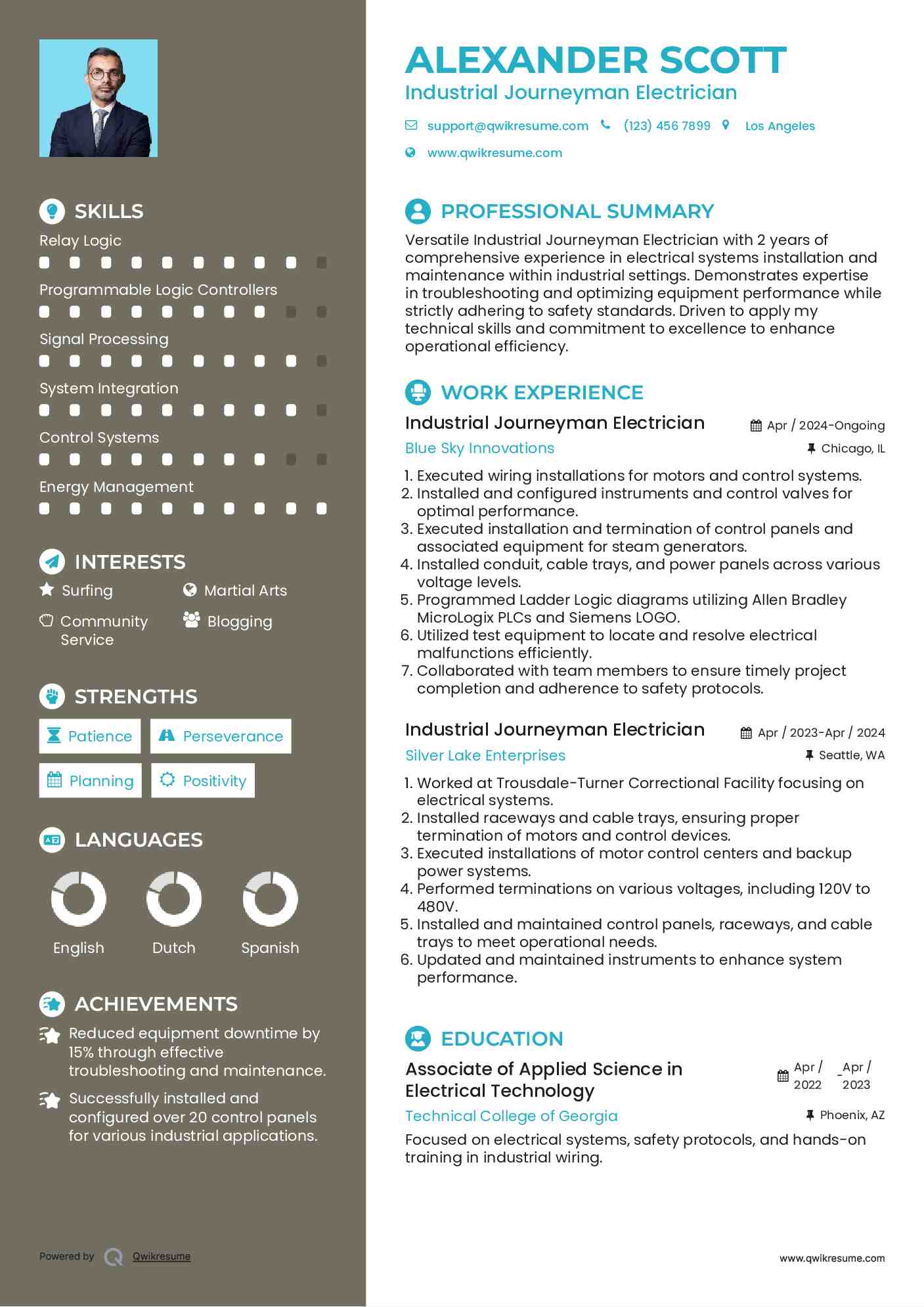 Industrial Journeyman Electrician Resume Example