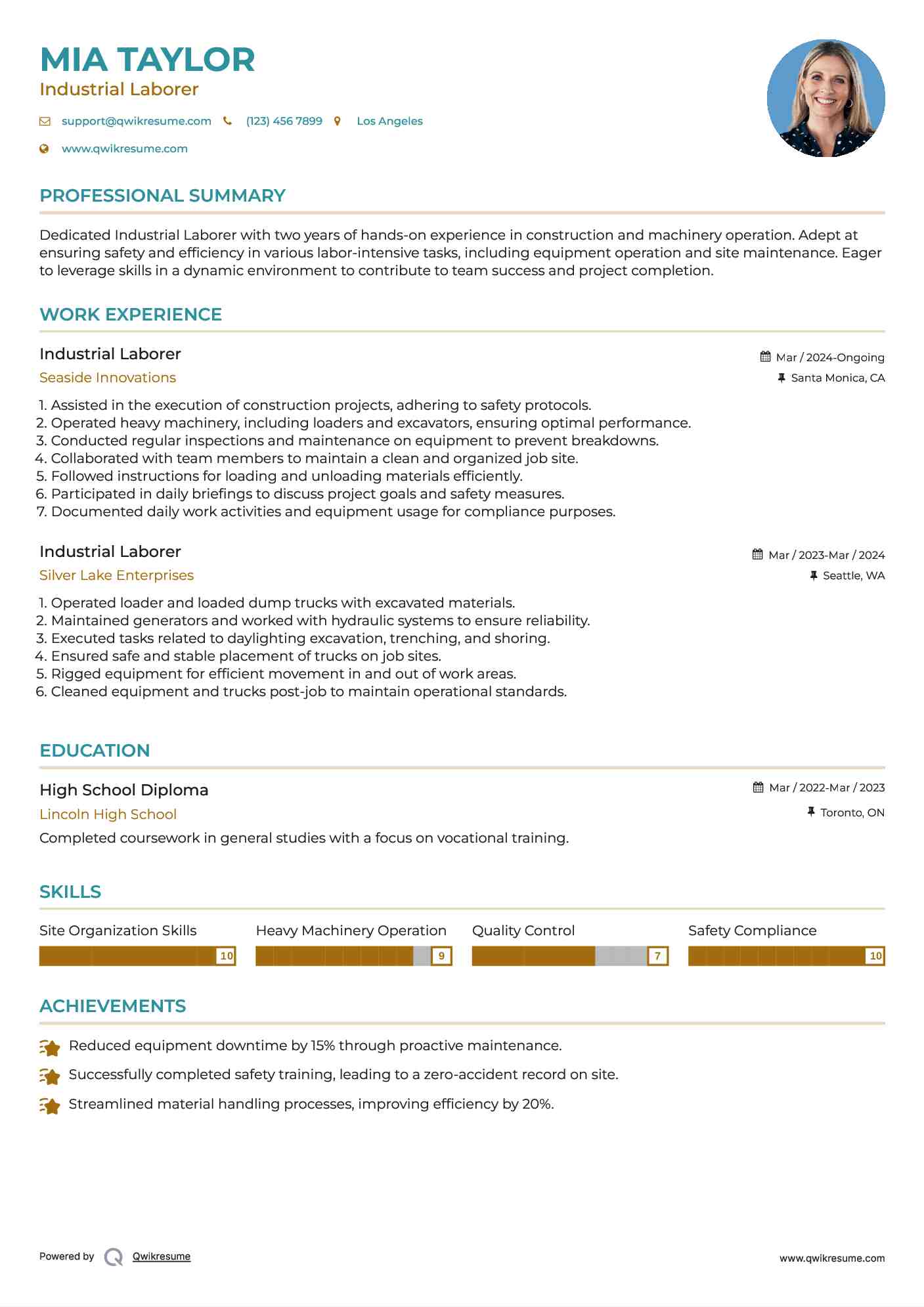 Industrial Laborer Resume Example