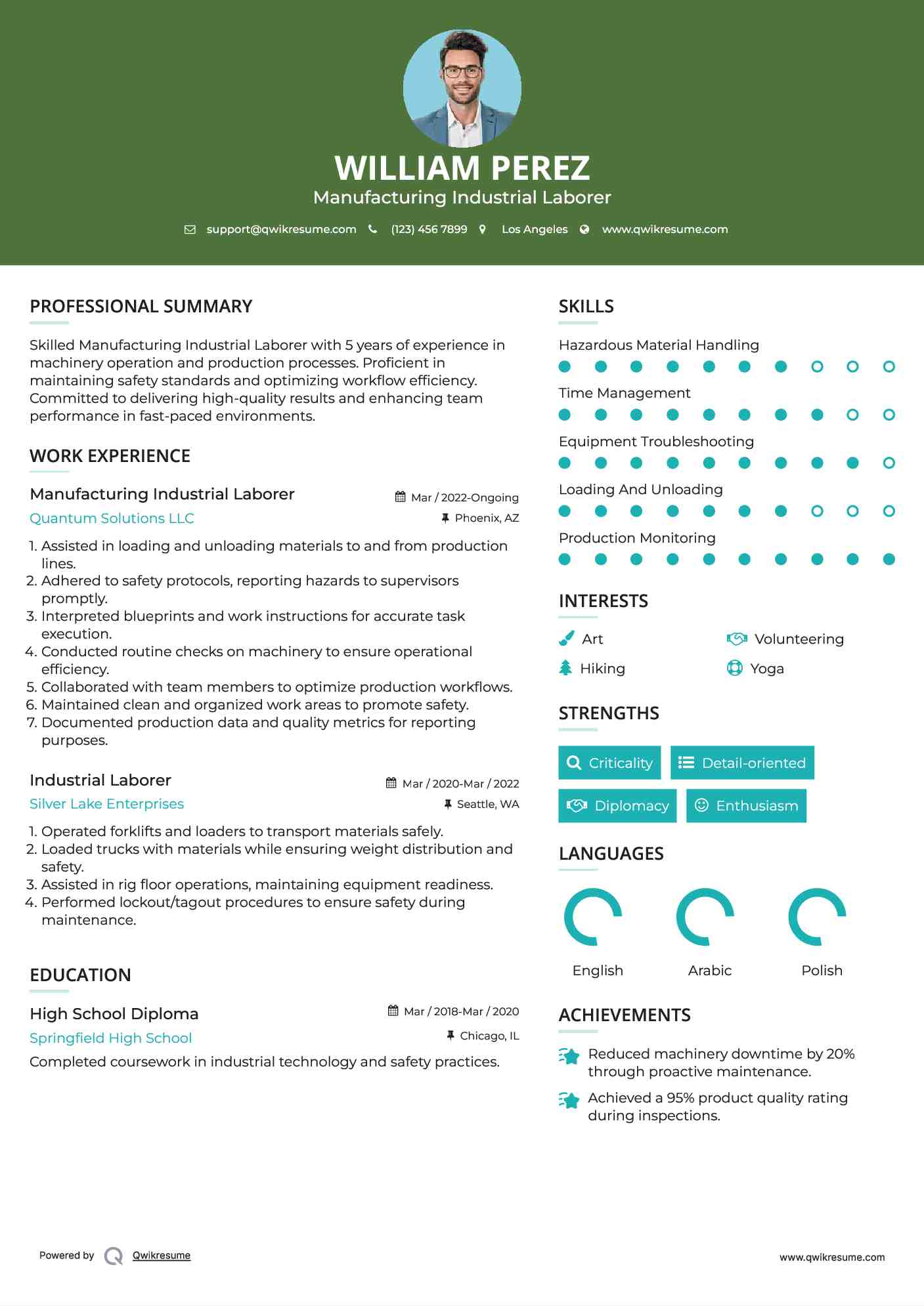 Manufacturing Industrial Laborer Resume Format
