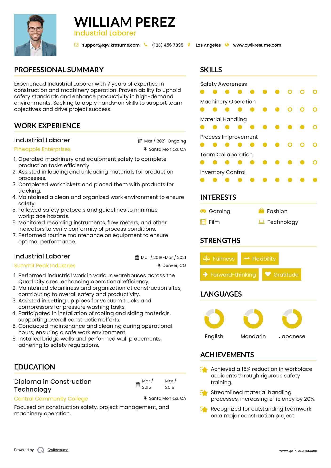 Industrial Laborer Resume Format
