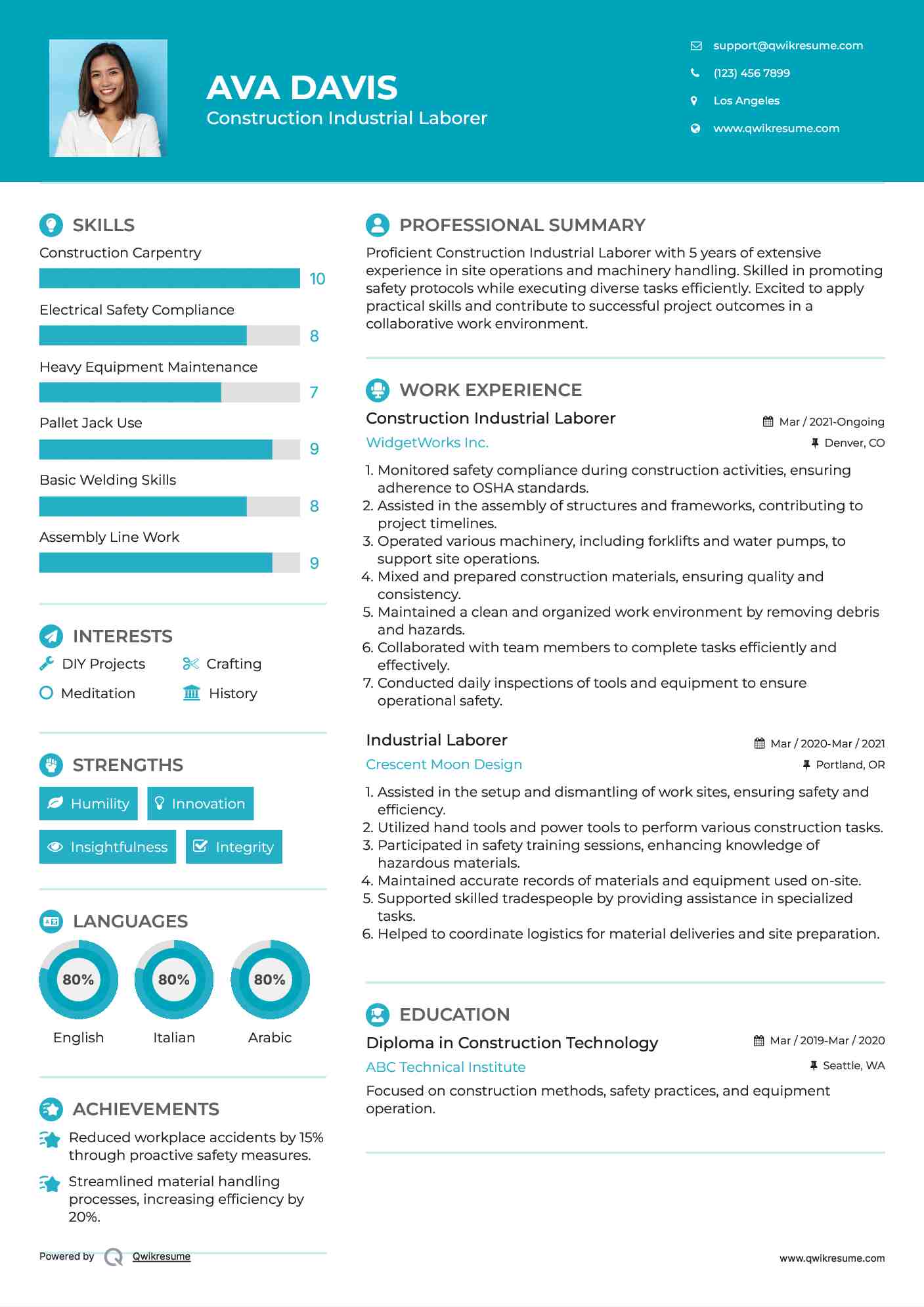 Construction Industrial Laborer Resume Model