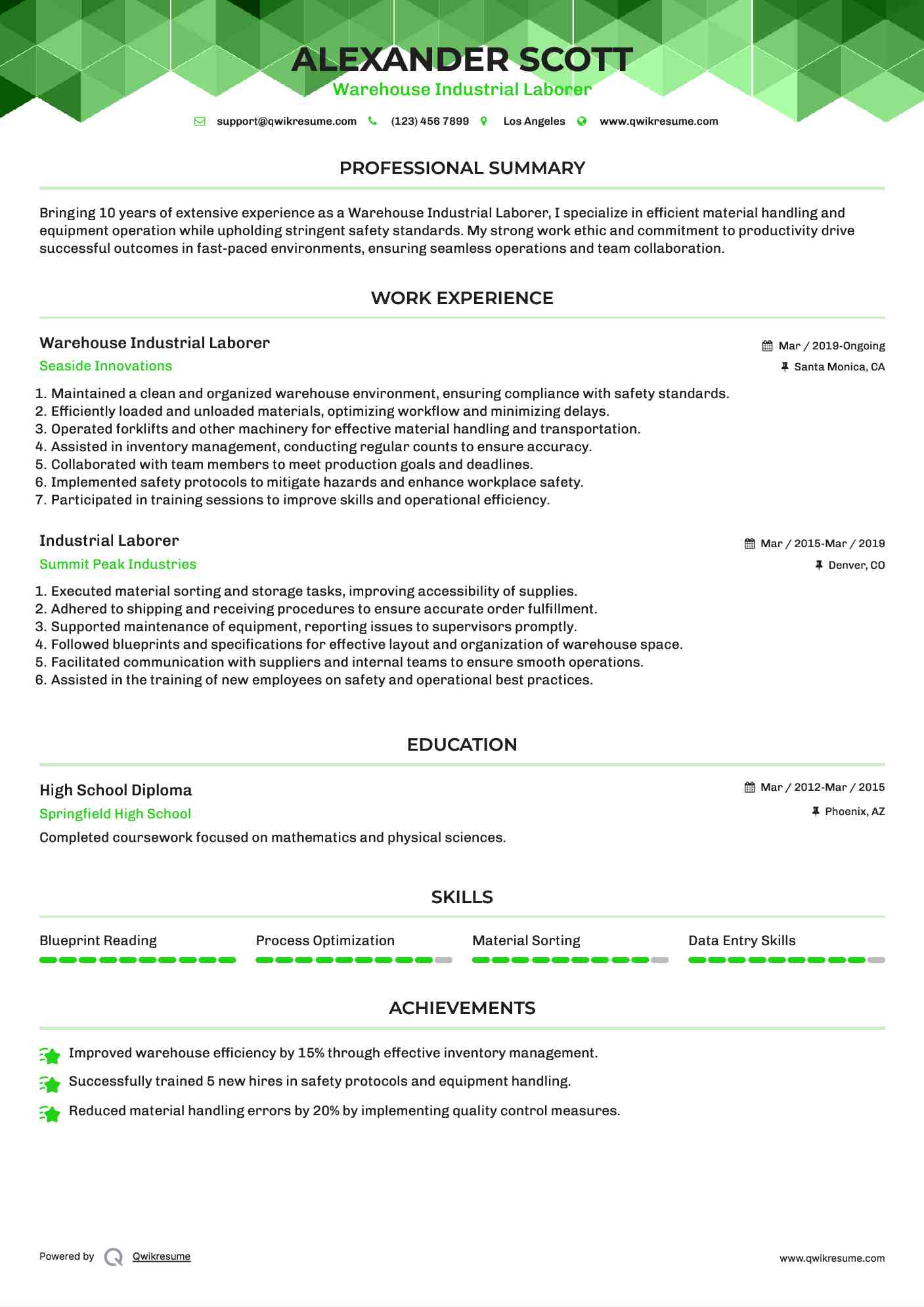 Warehouse Industrial Laborer Resume Format