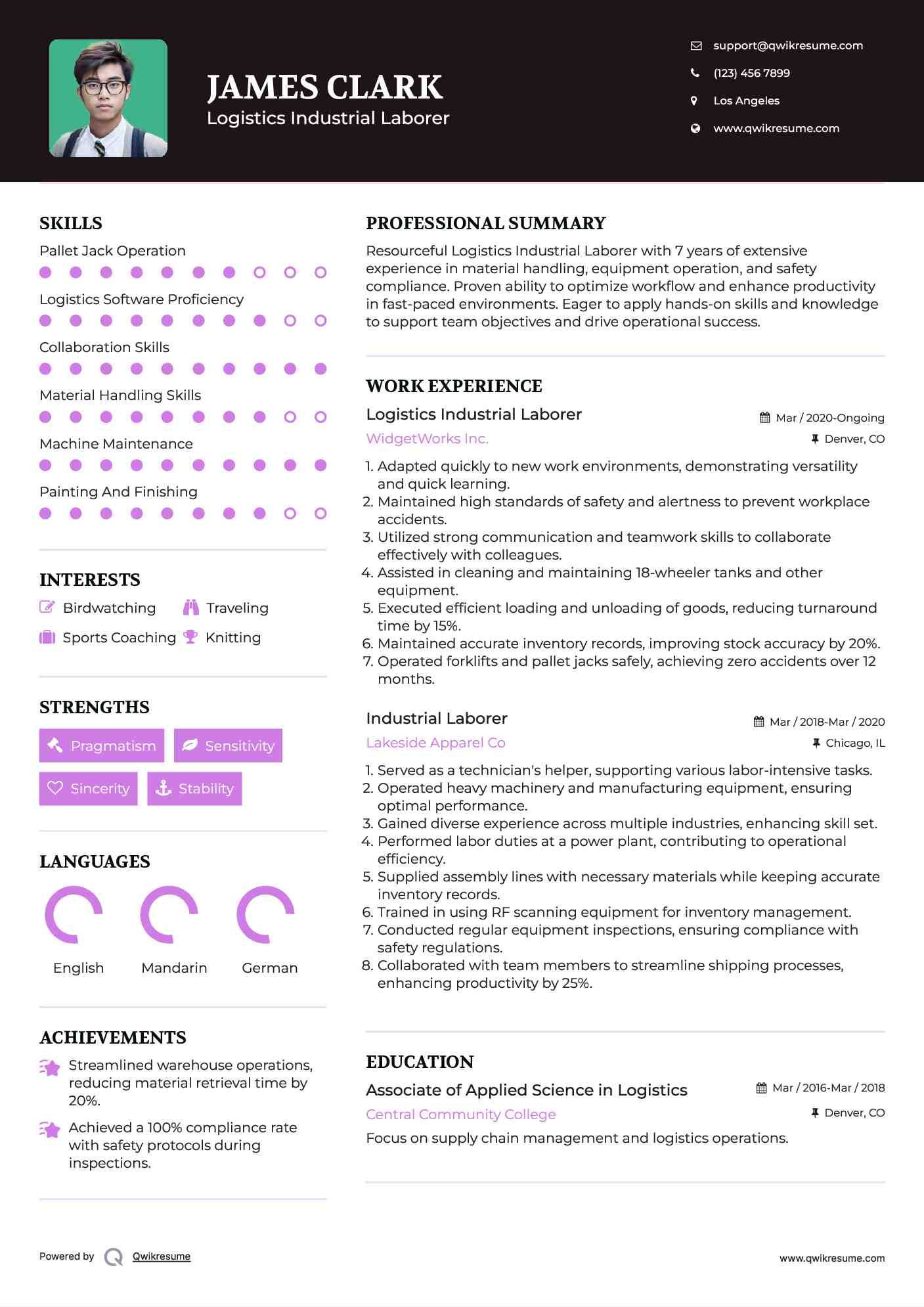 Logistics Industrial Laborer Resume Example