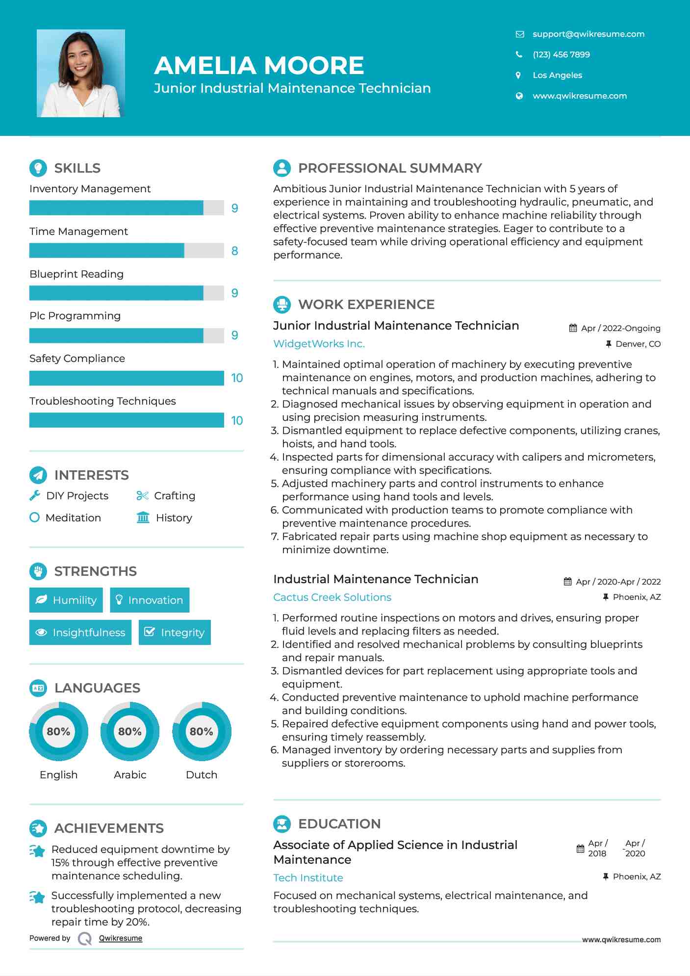 Junior Industrial Maintenance Technician Resume Sample