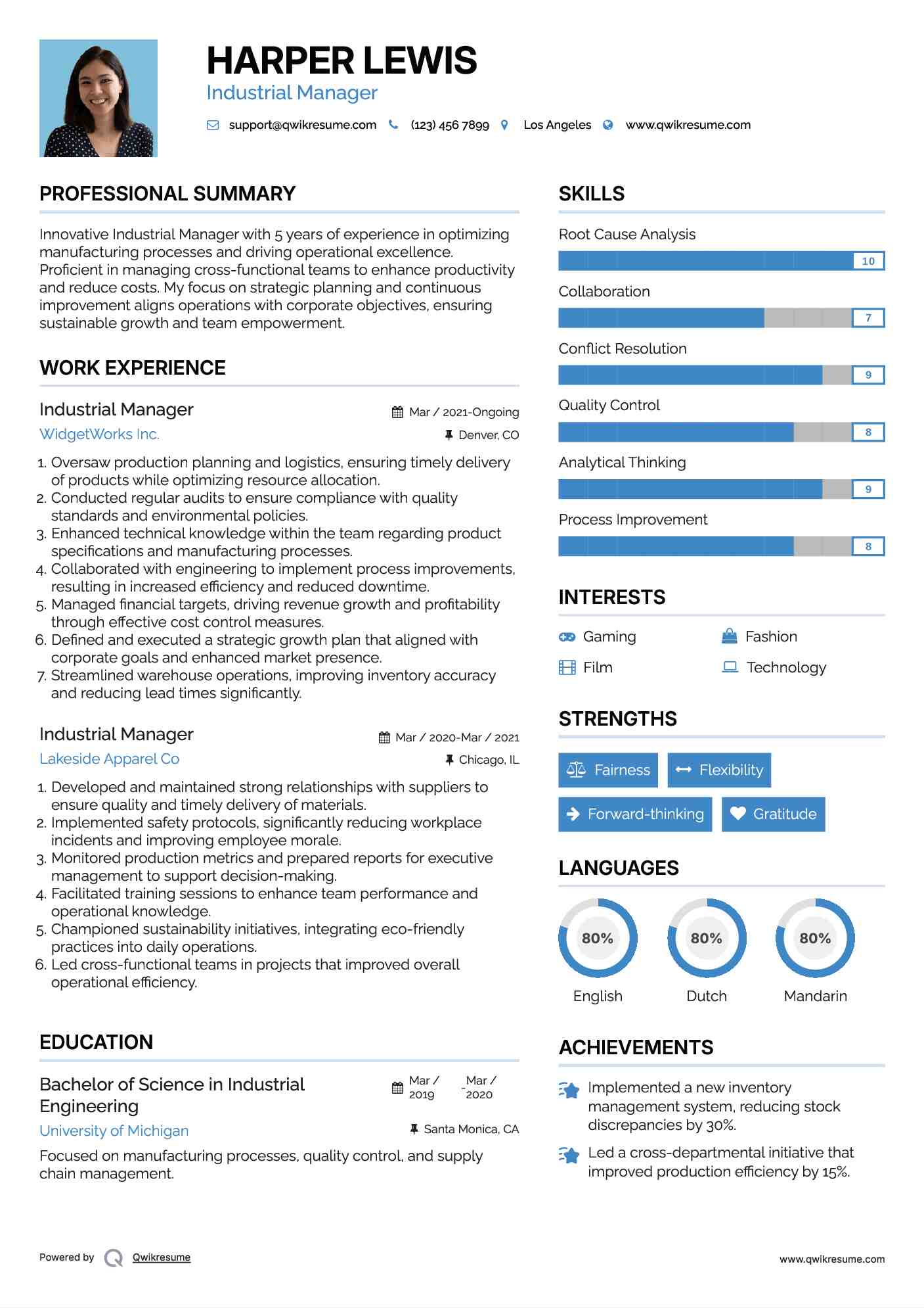 Industrial Manager Resume Example