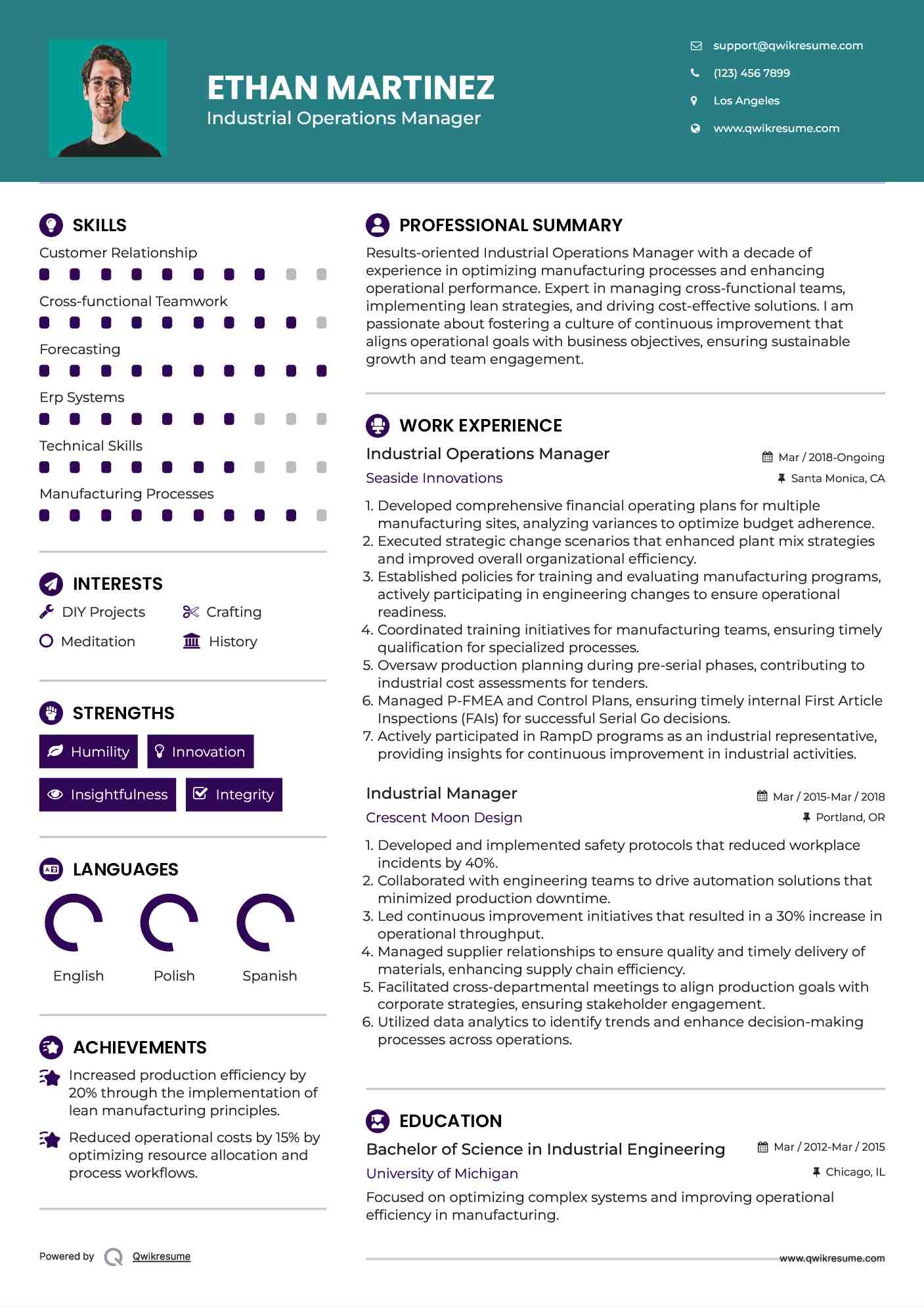 Industrial Operations Manager Resume Format
