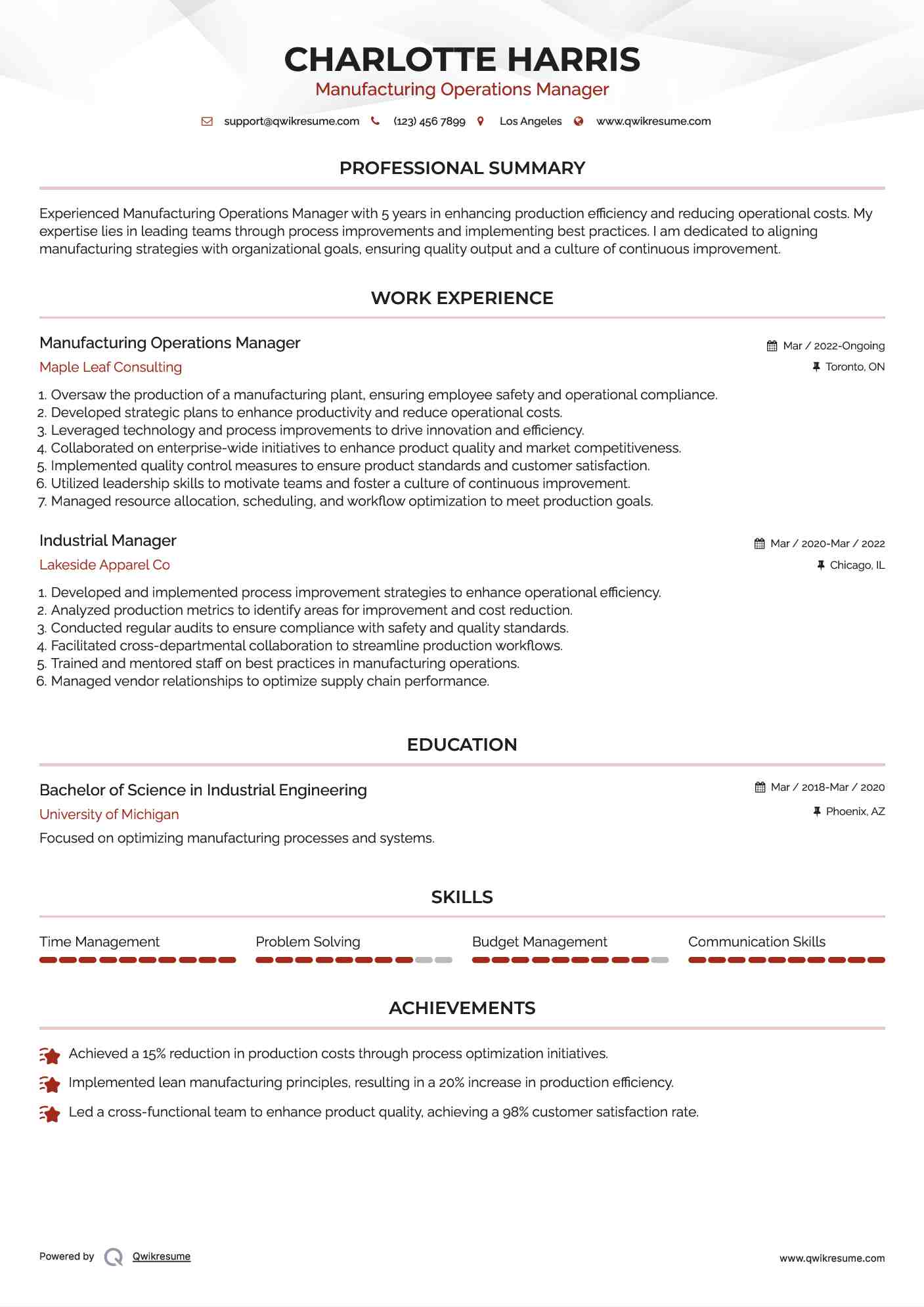 Manufacturing Operations Manager Resume Format
