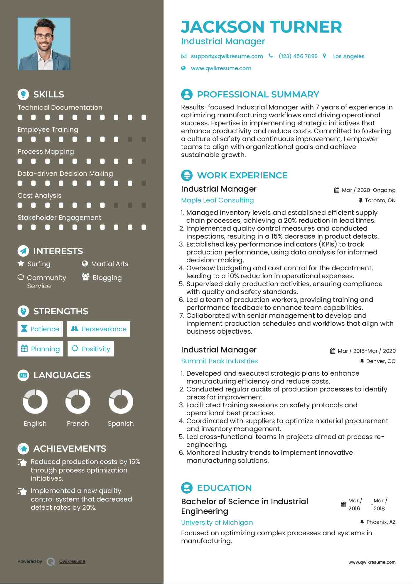 Industrial Manager Resume Example
