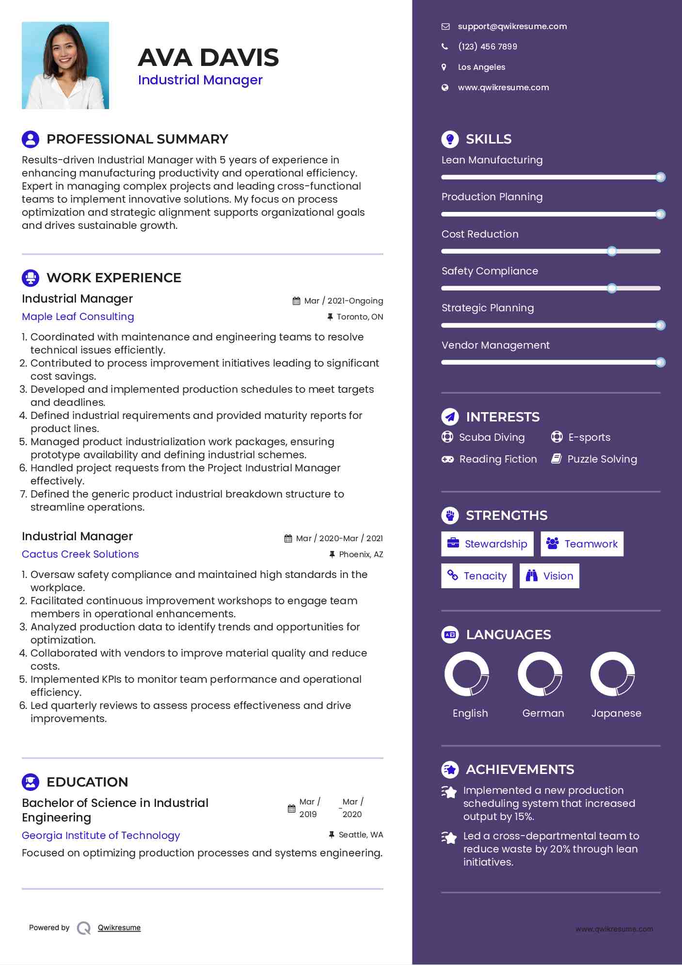 Industrial Manager Resume Model