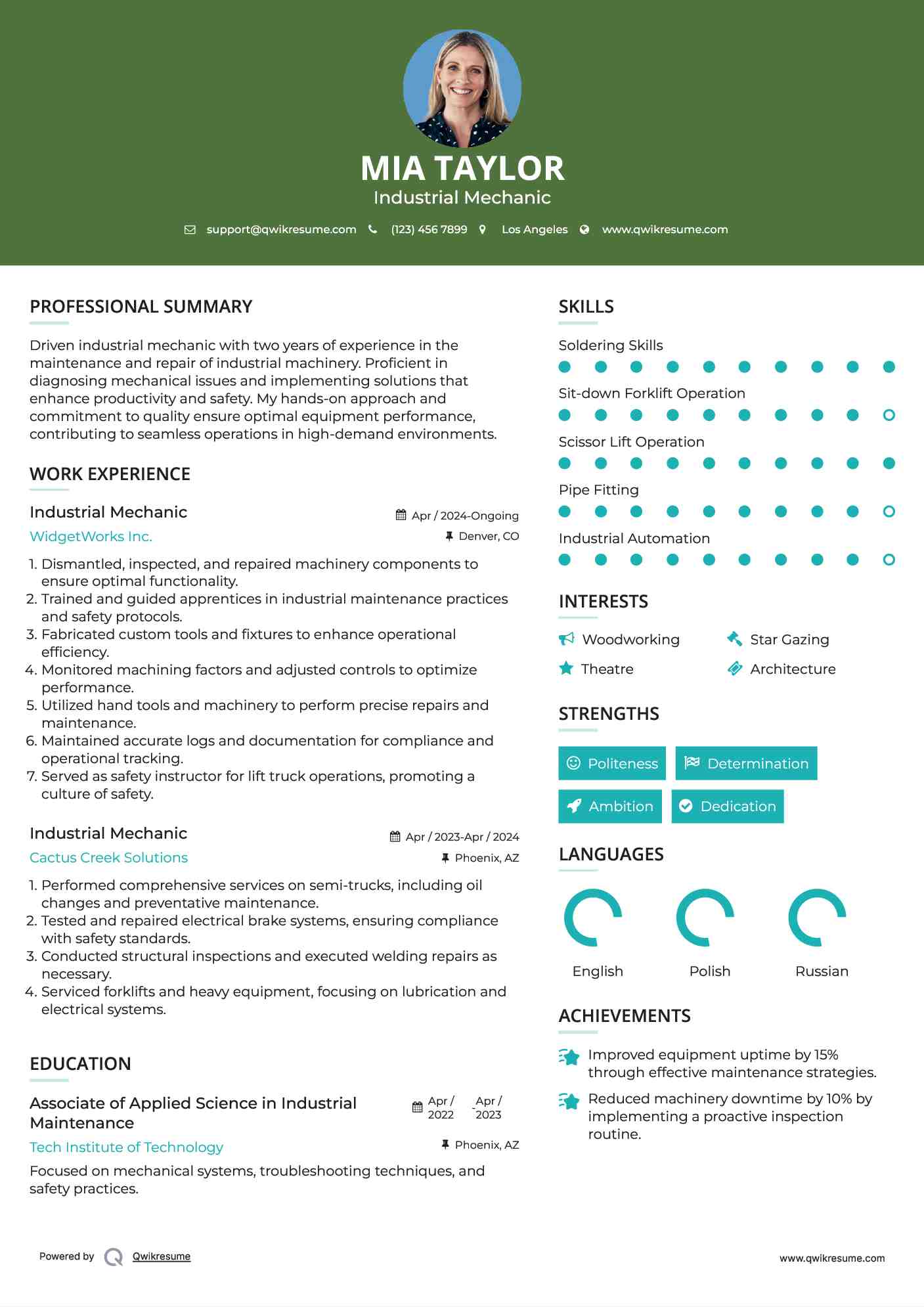 Industrial Mechanic Resume Sample