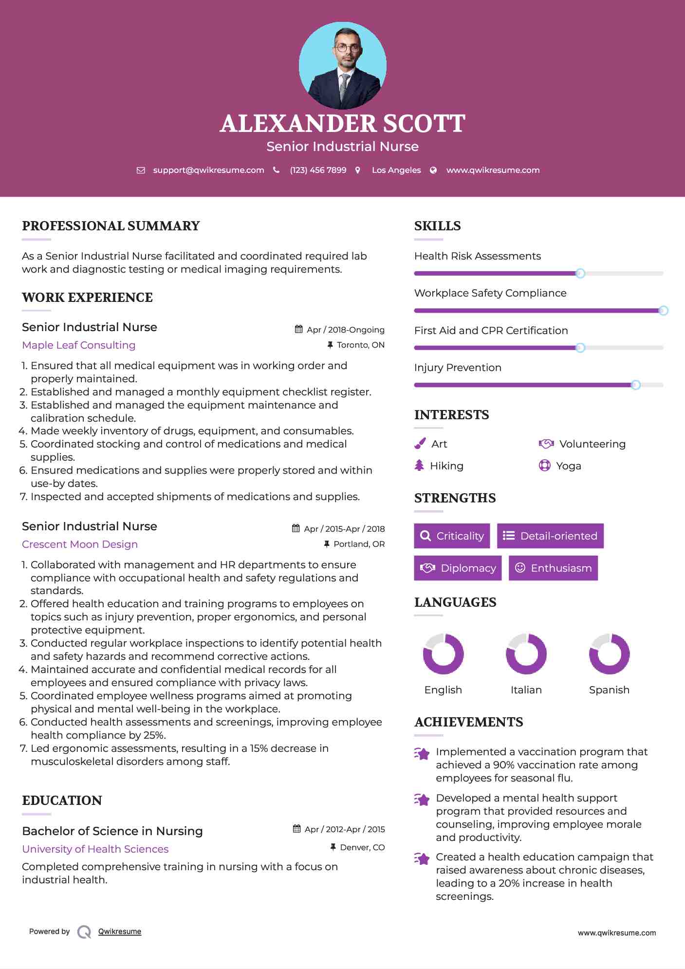 Senior Industrial Nurse Resume Model