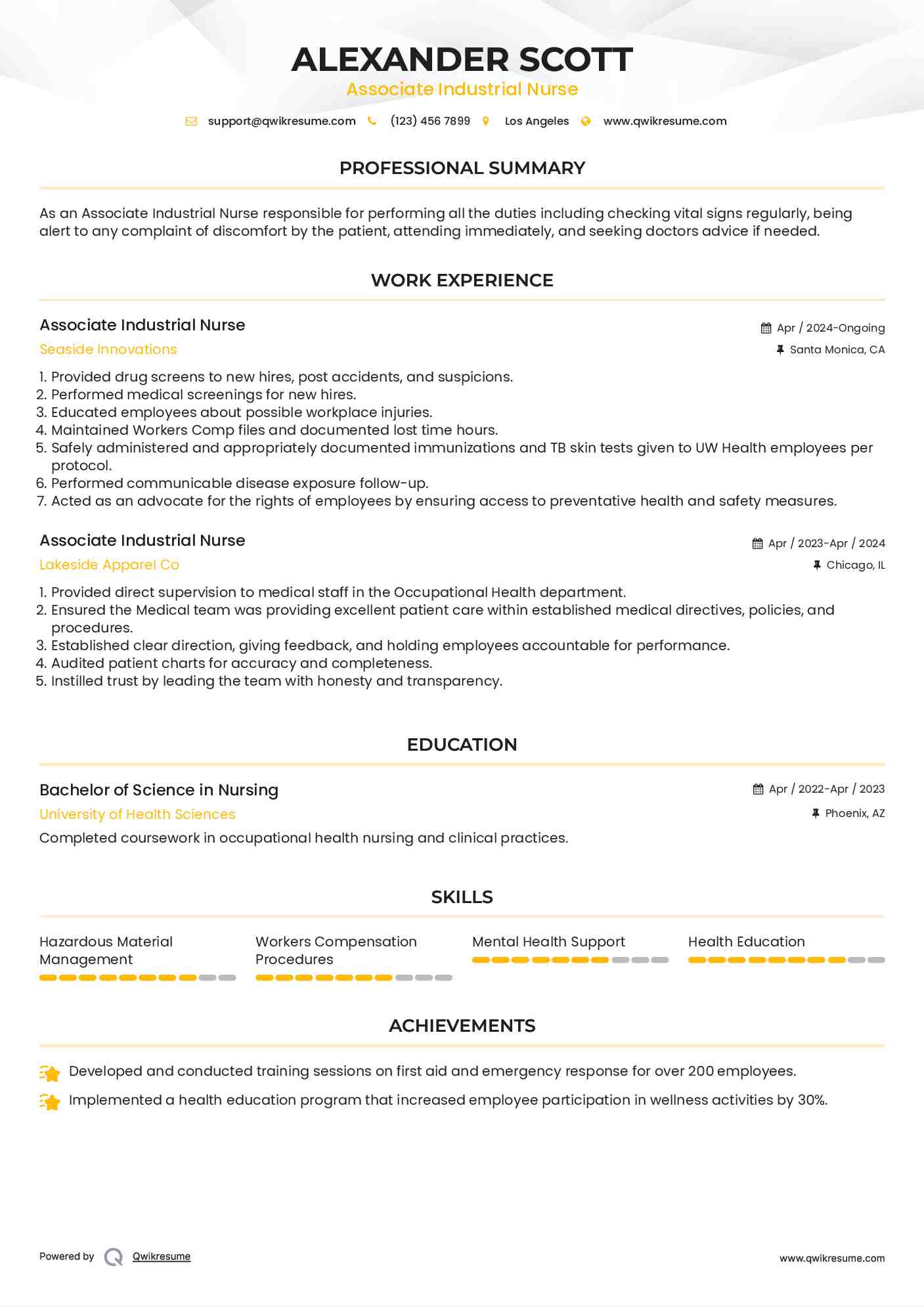 Associate  Industrial Nurse Resume Example