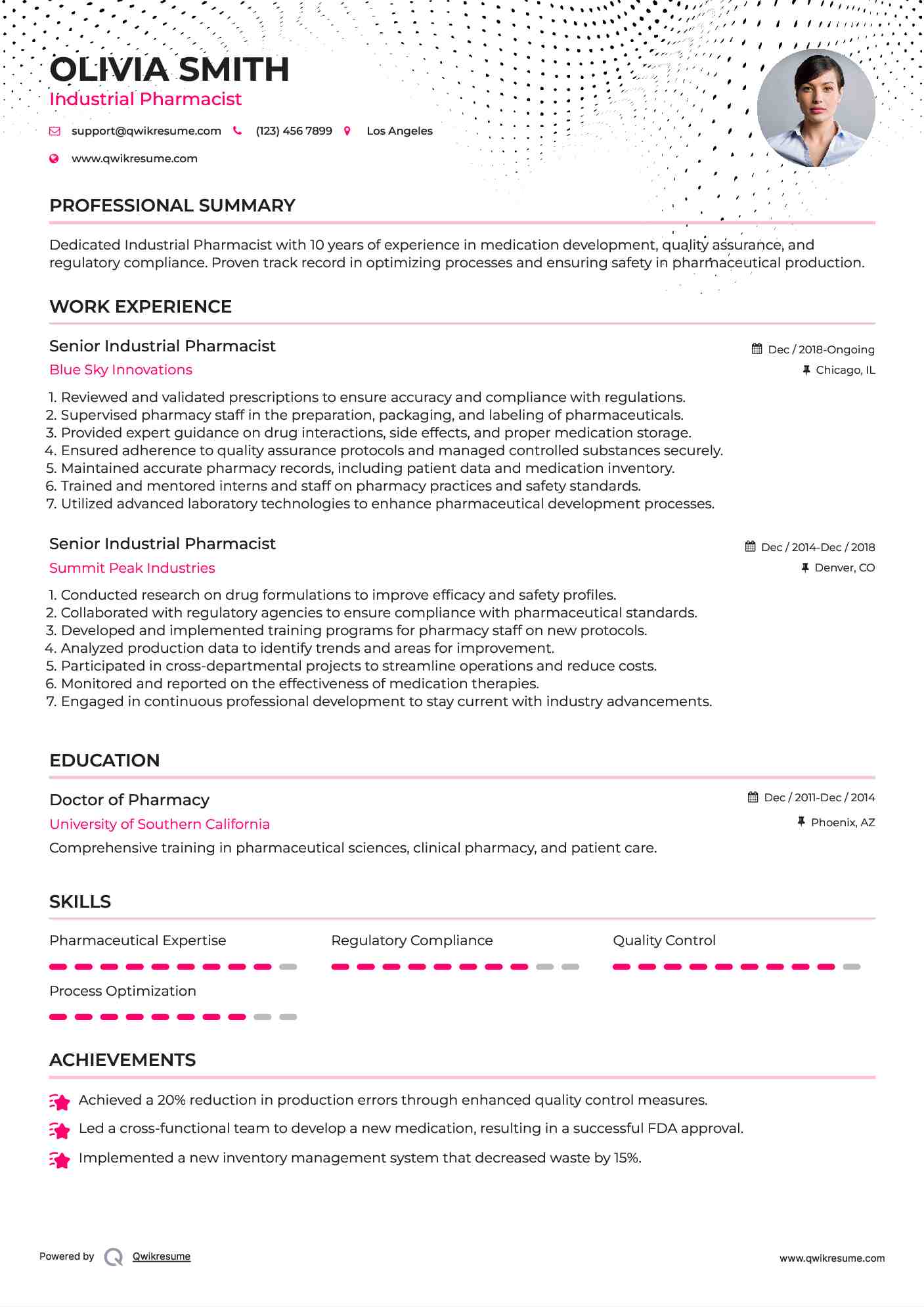 Senior Industrial Pharmacist Resume Format