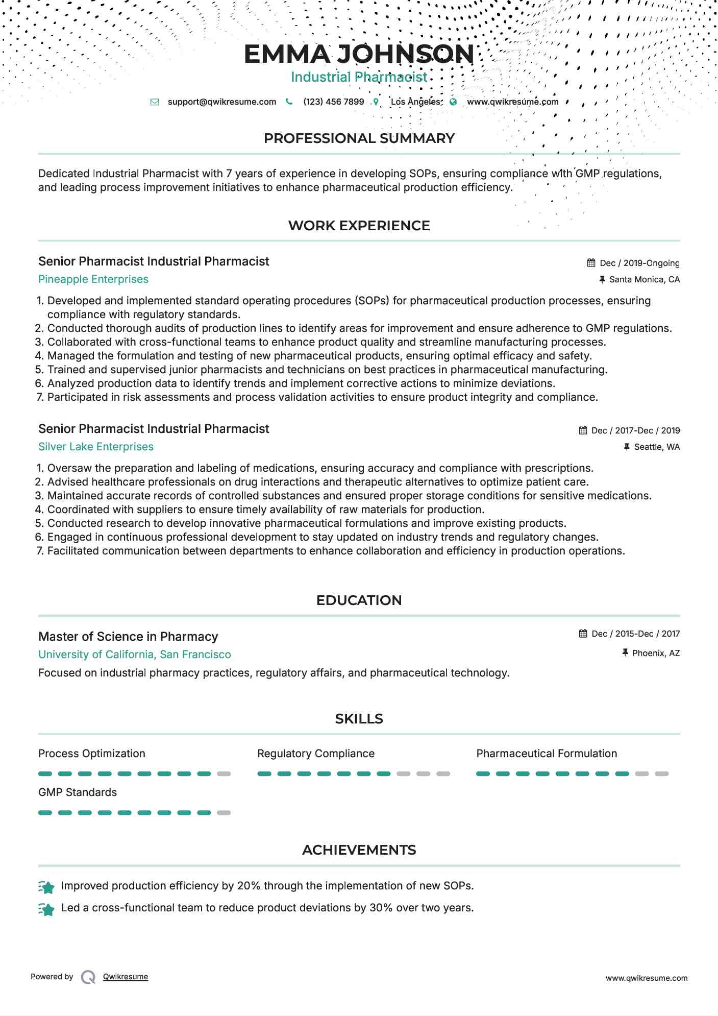 Senior Pharmacist Industrial Pharmacist Resume Example