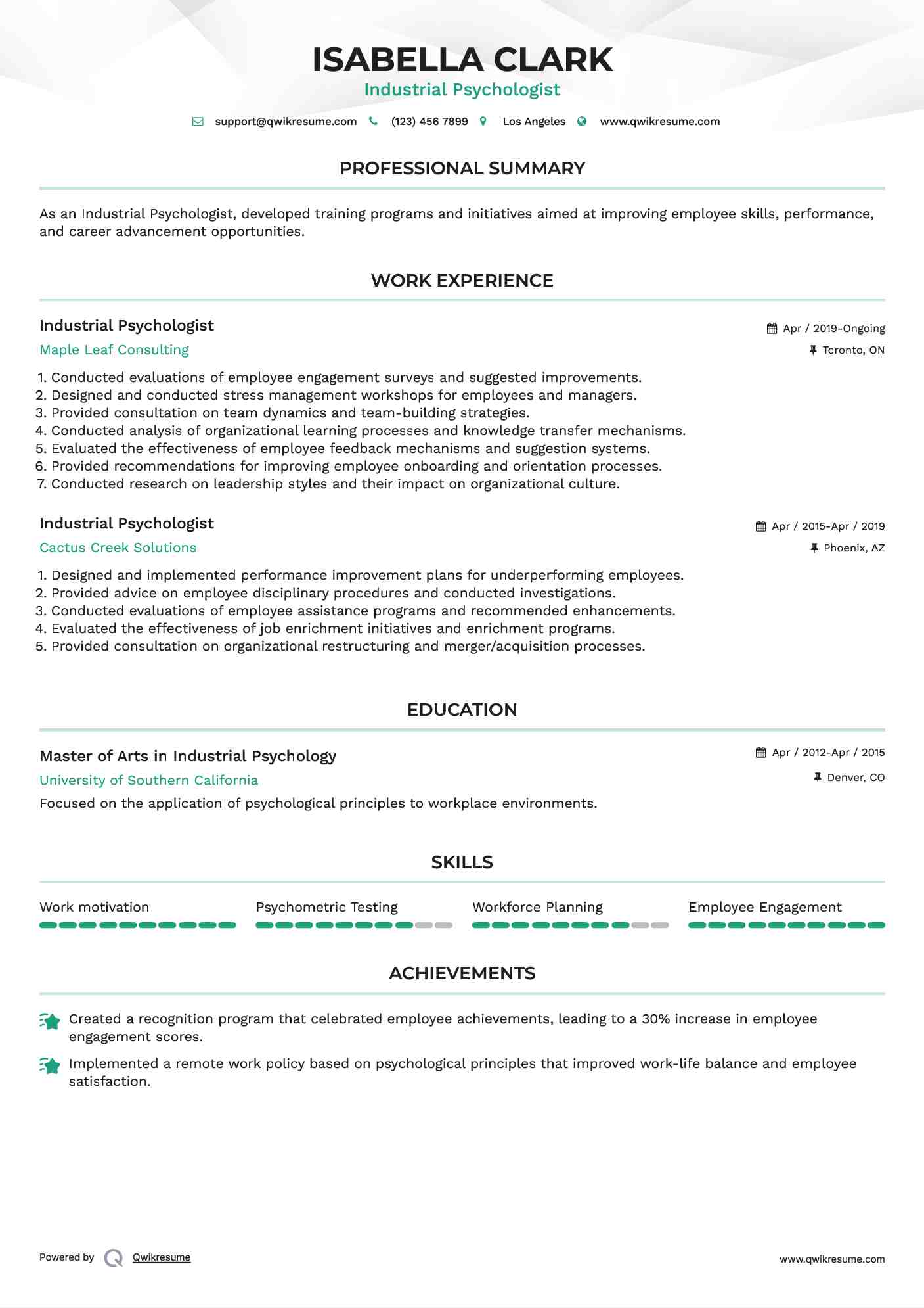 Industrial Psychologist Resume Sample