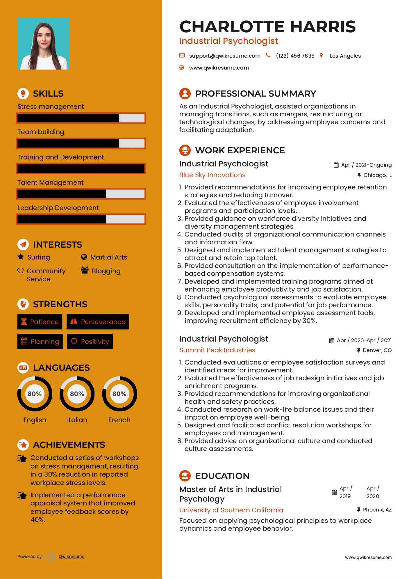 Industrial Psychologist Resume Example