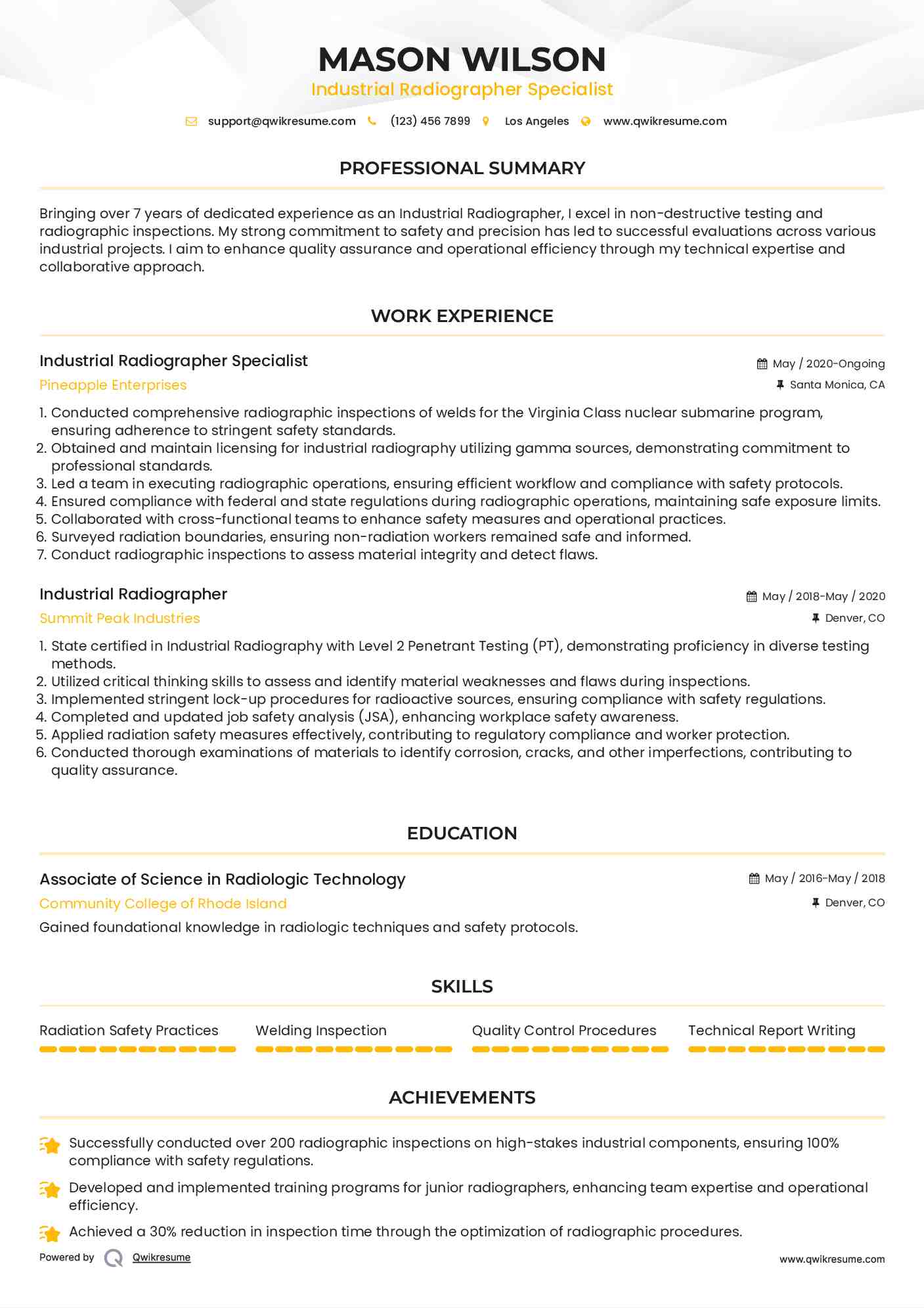 Industrial Radiographer Specialist Resume Format
