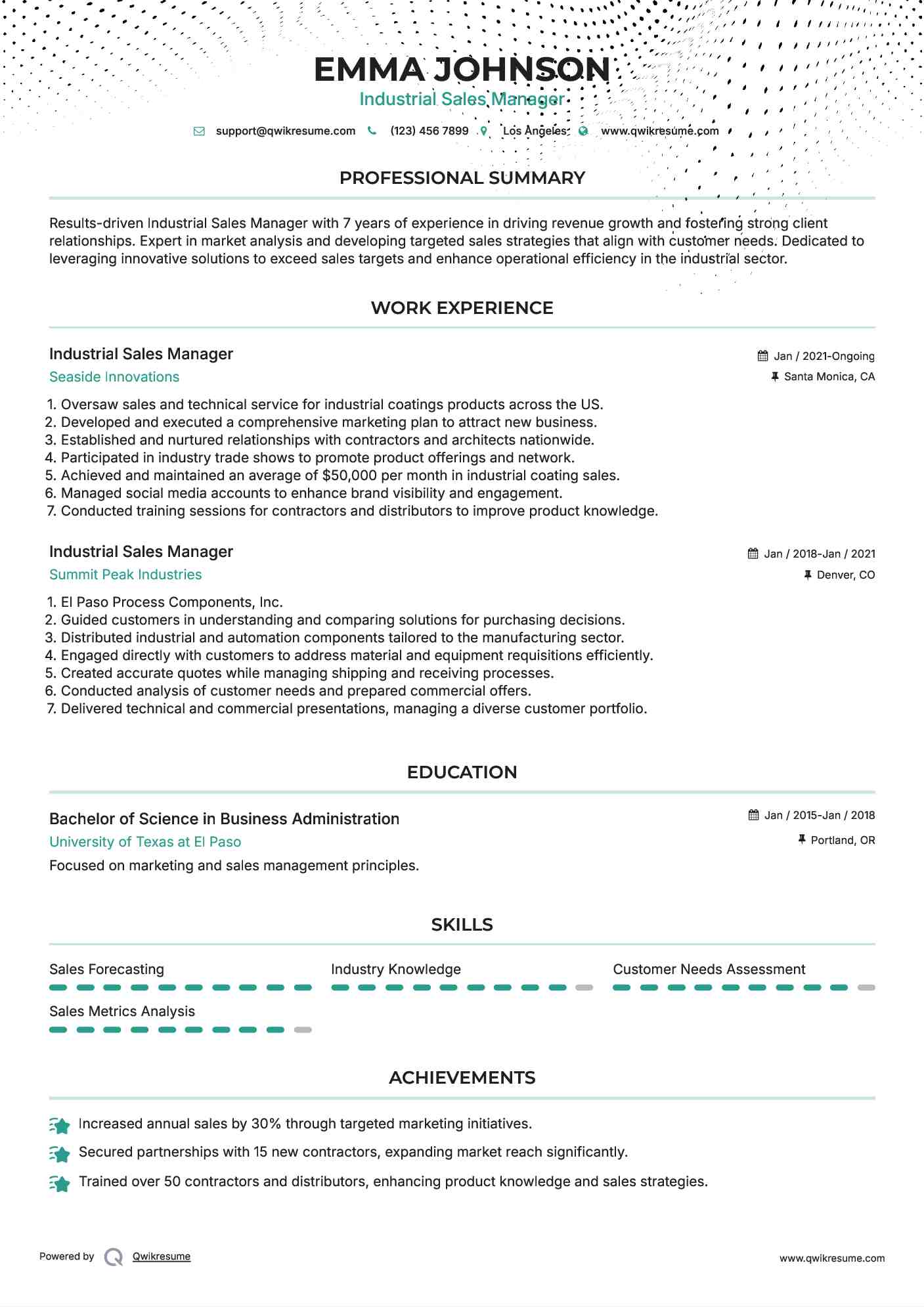 Industrial Sales Manager Resume Example