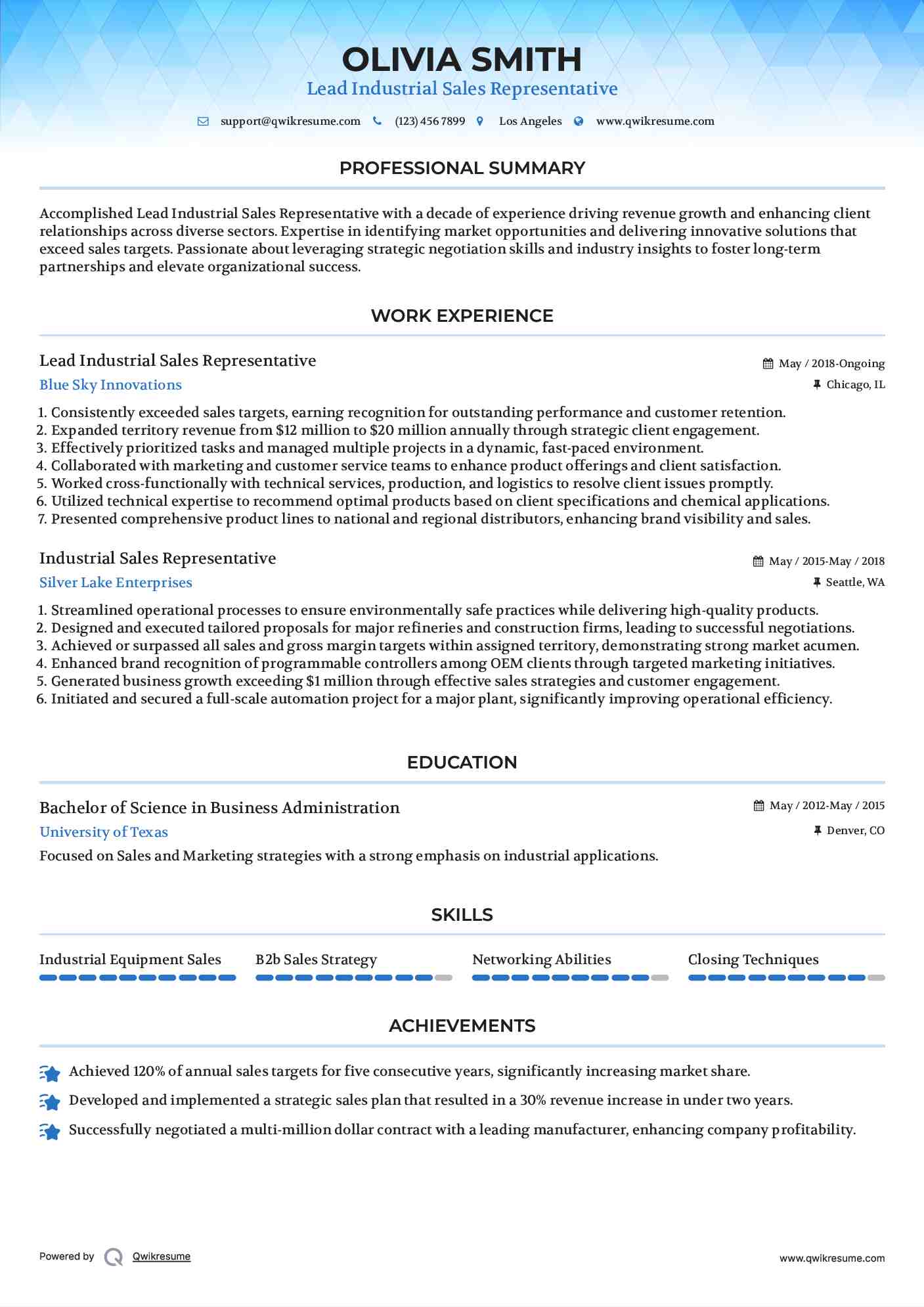 Lead Industrial Sales Representative Resume Model