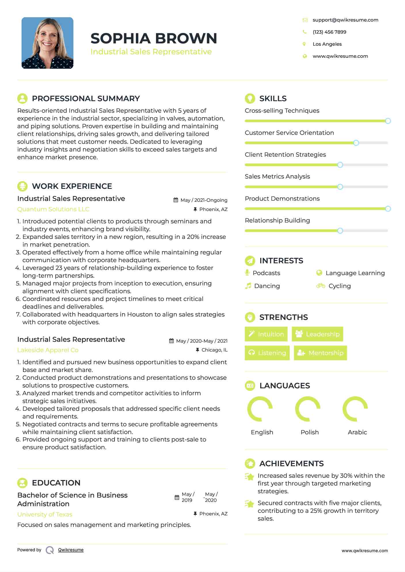 Industrial Sales Representative Resume Model