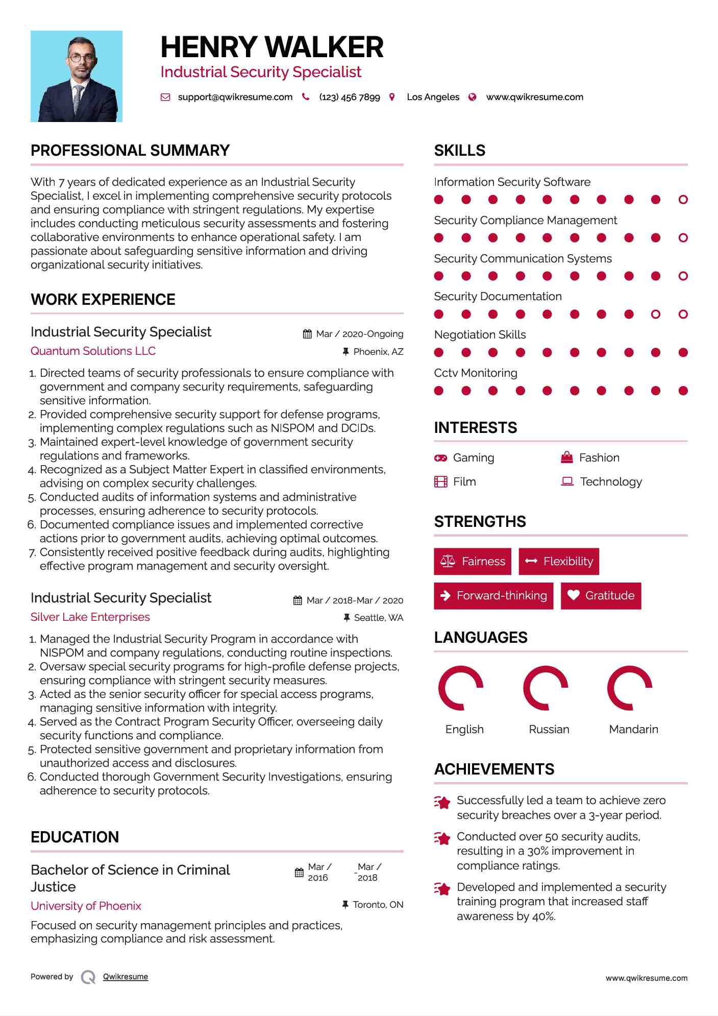 Industrial Security Specialist Resume Sample