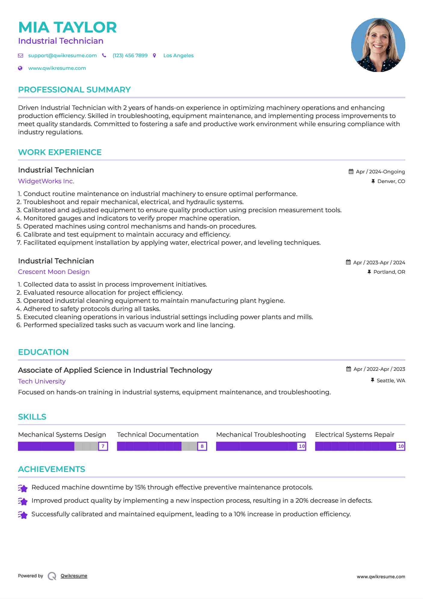 Industrial Technician Resume Example