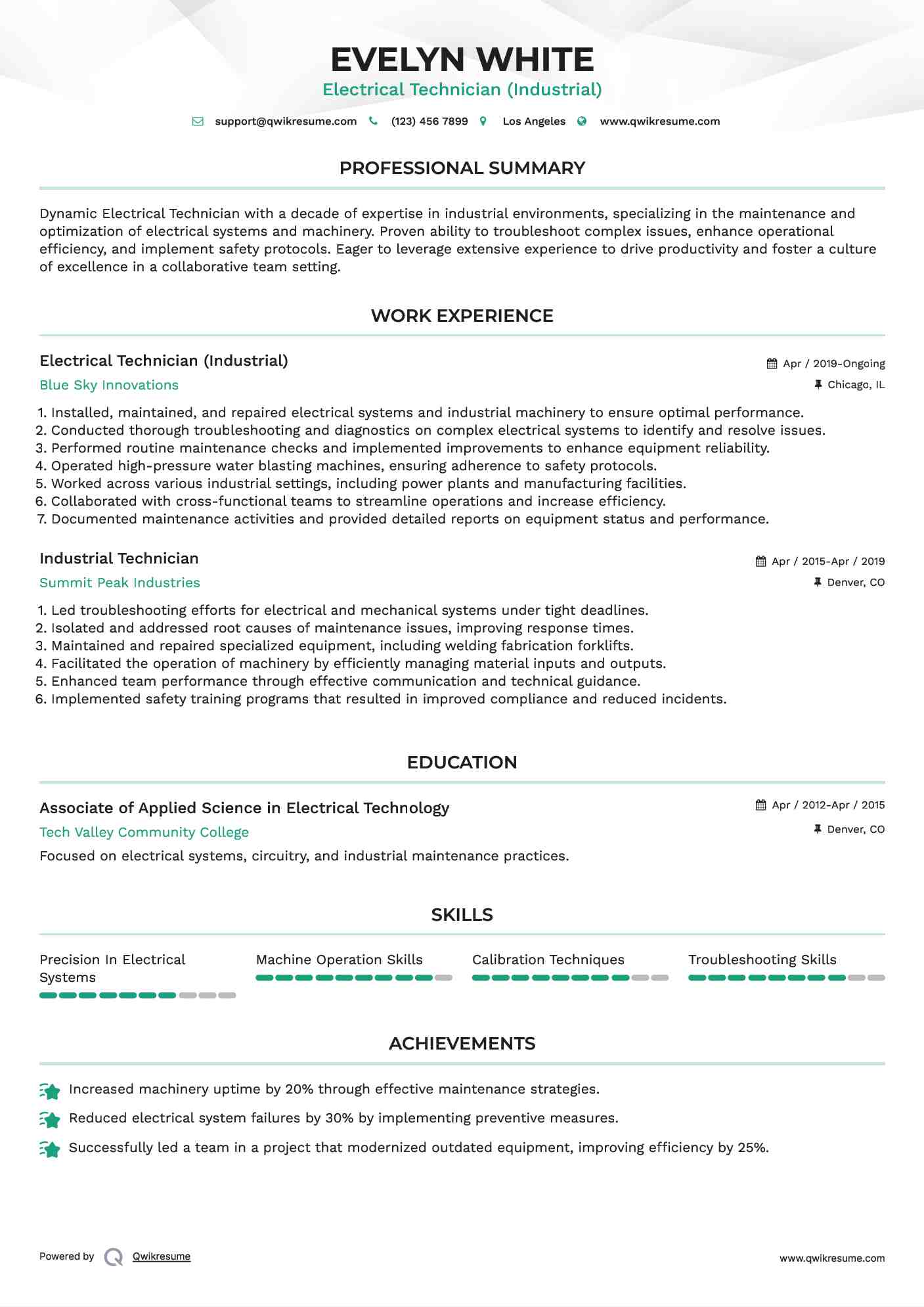 Electrical Technician (Industrial) Resume Model
