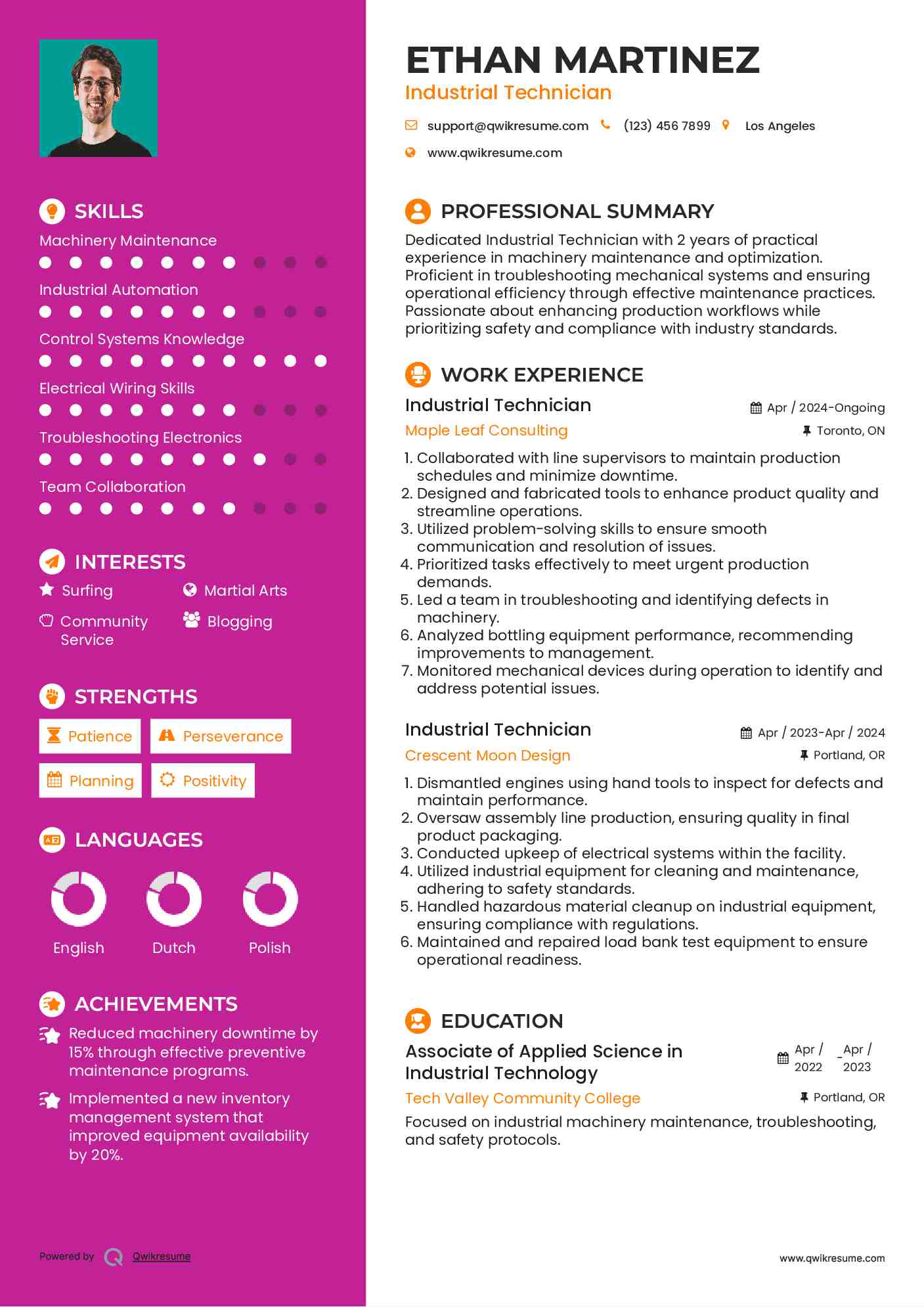 Industrial Technician Resume Sample