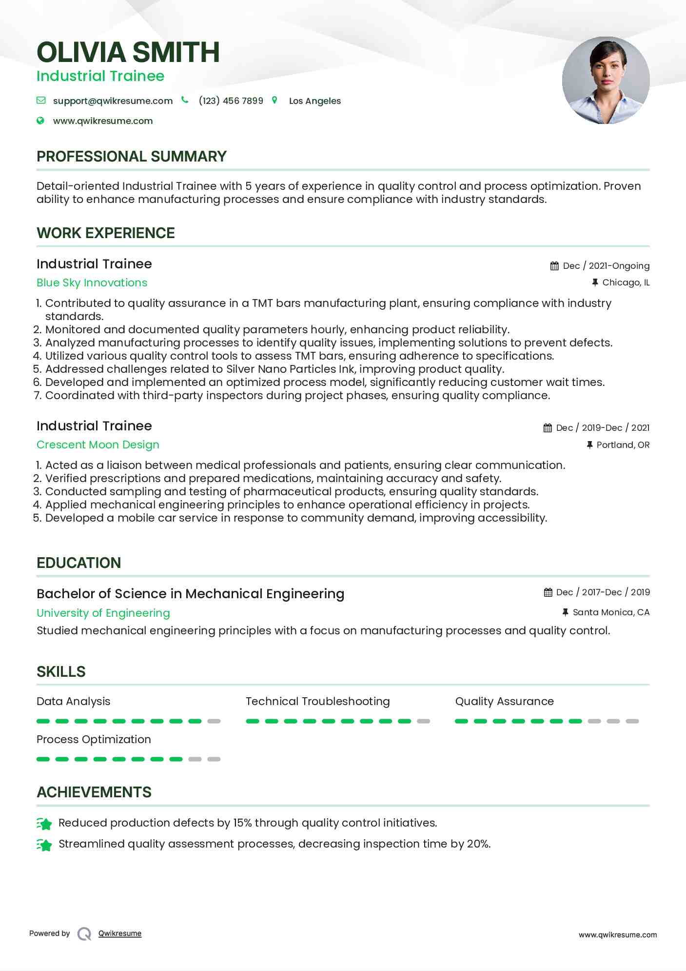 Industrial Trainee Resume Sample