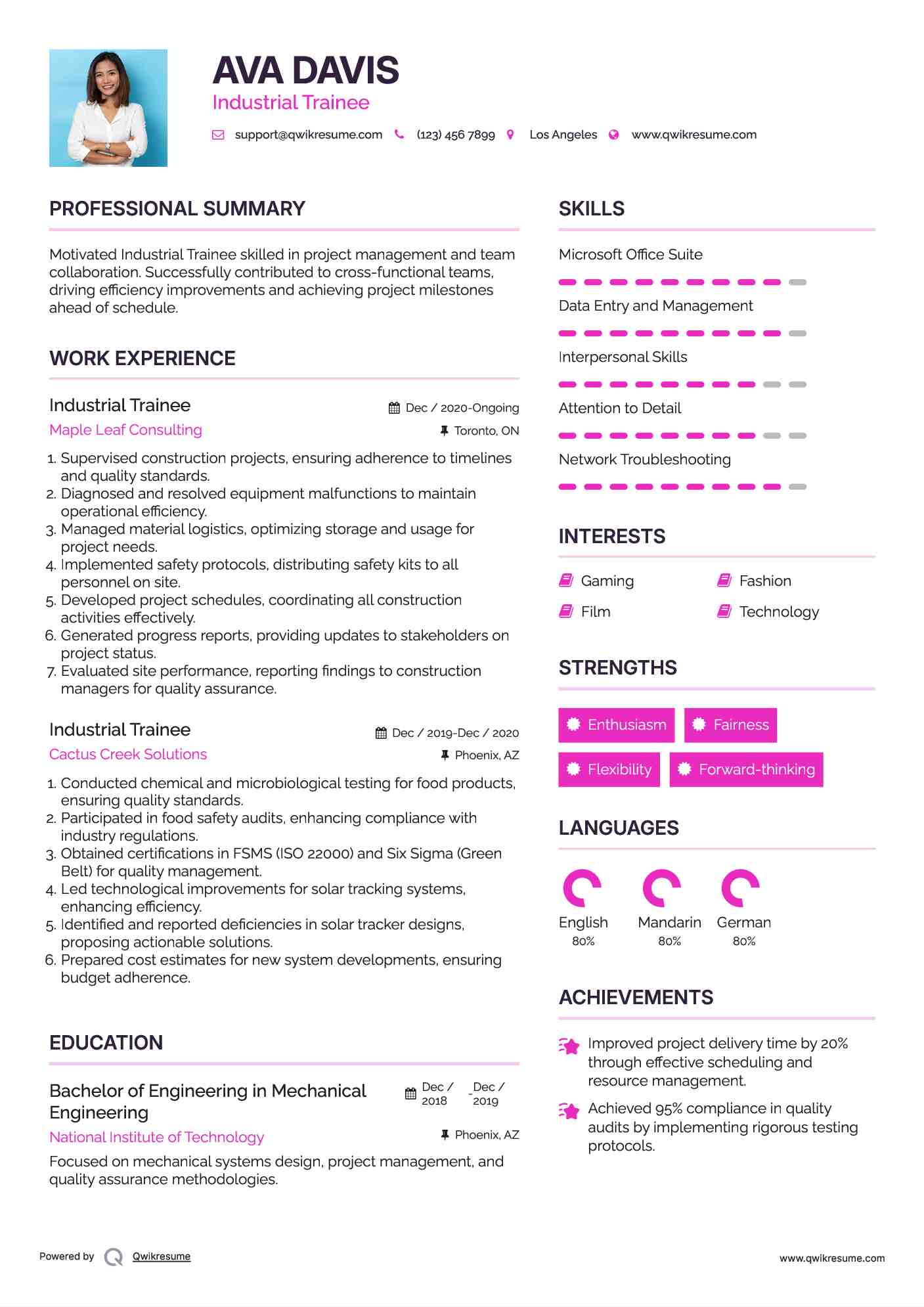 Industrial Trainee Resume Sample