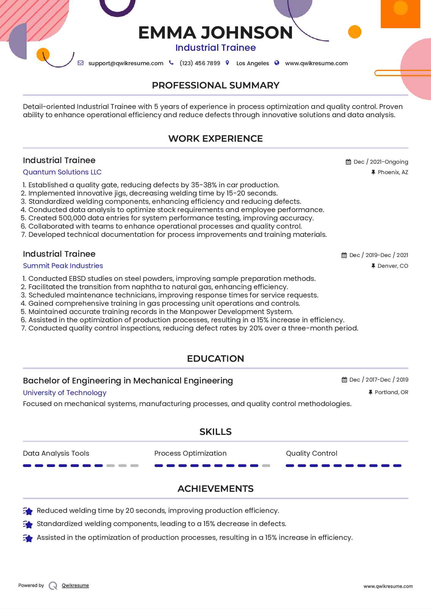Industrial Trainee Resume Example