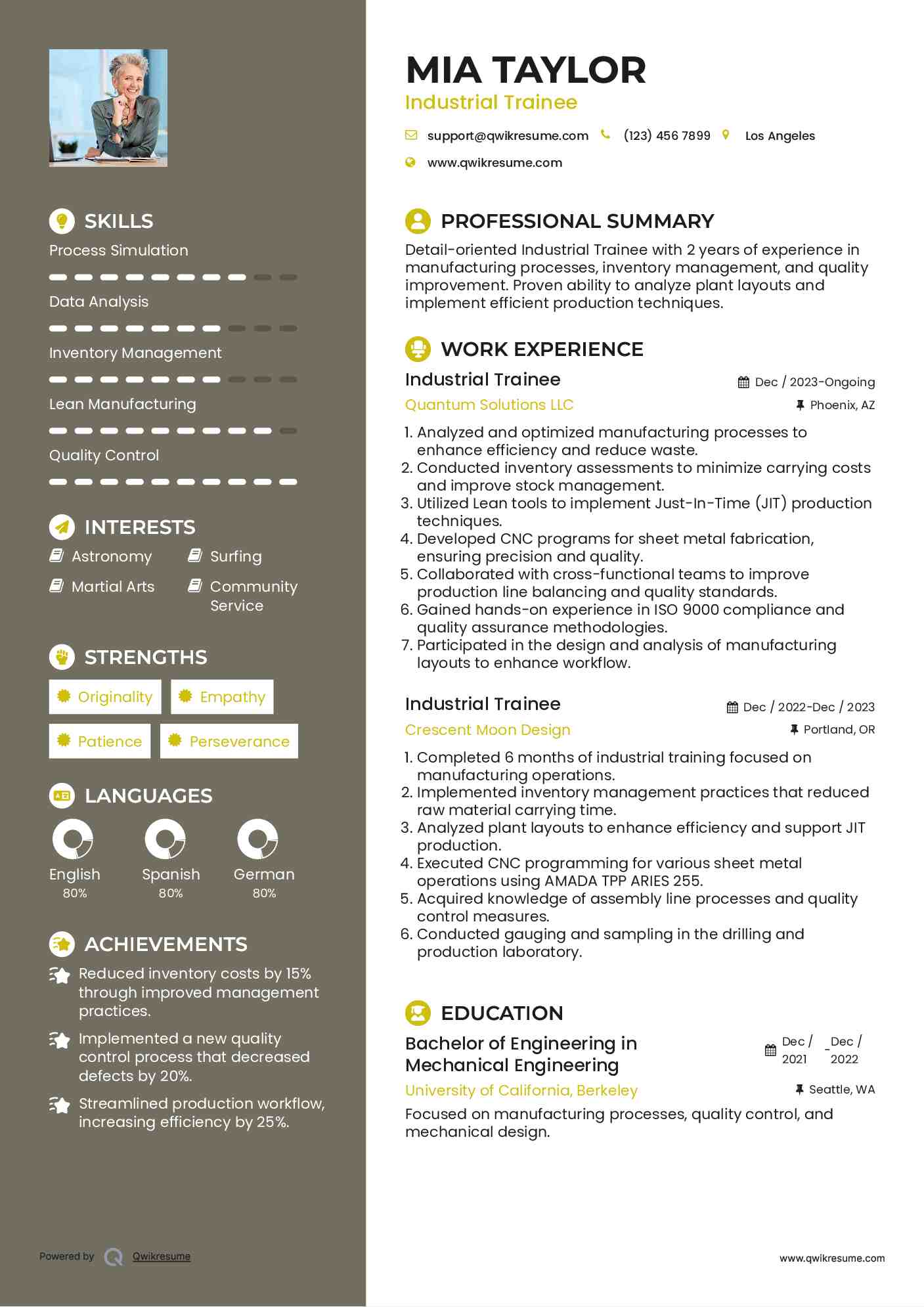 Industrial Trainee Resume Sample