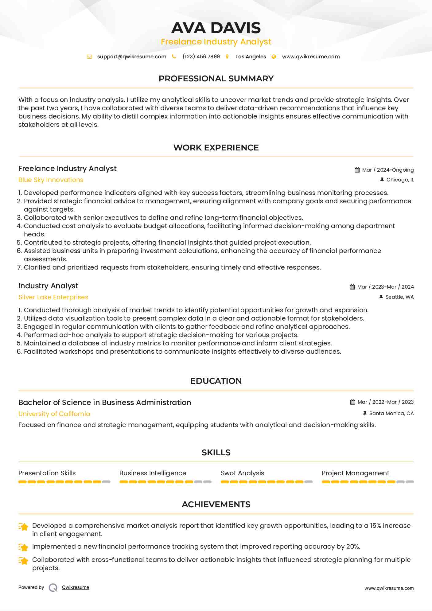Freelance Industry Analyst Resume Template