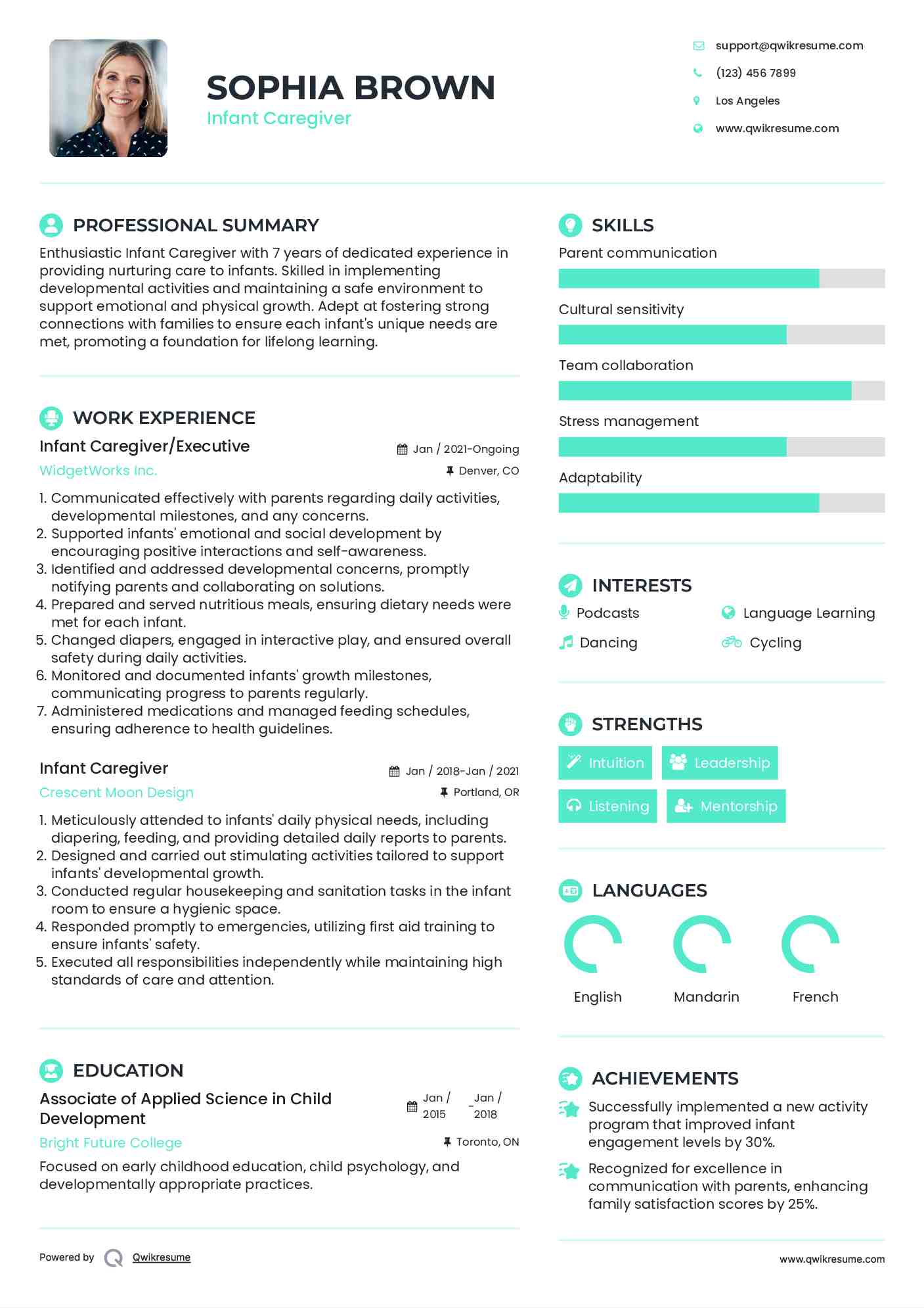 Infant Caregiver/Executive Resume Sample