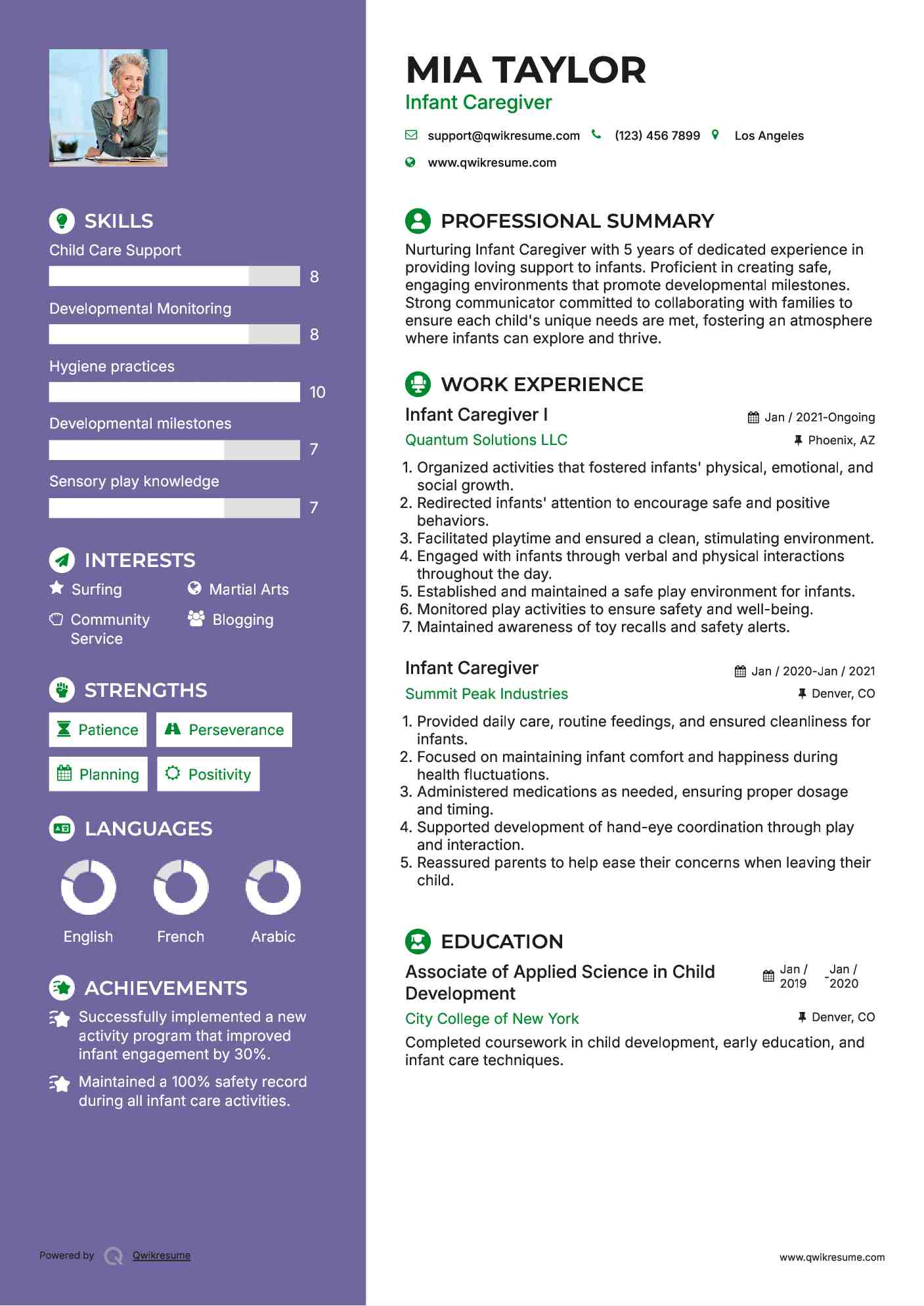 Infant Caregiver I Resume Sample