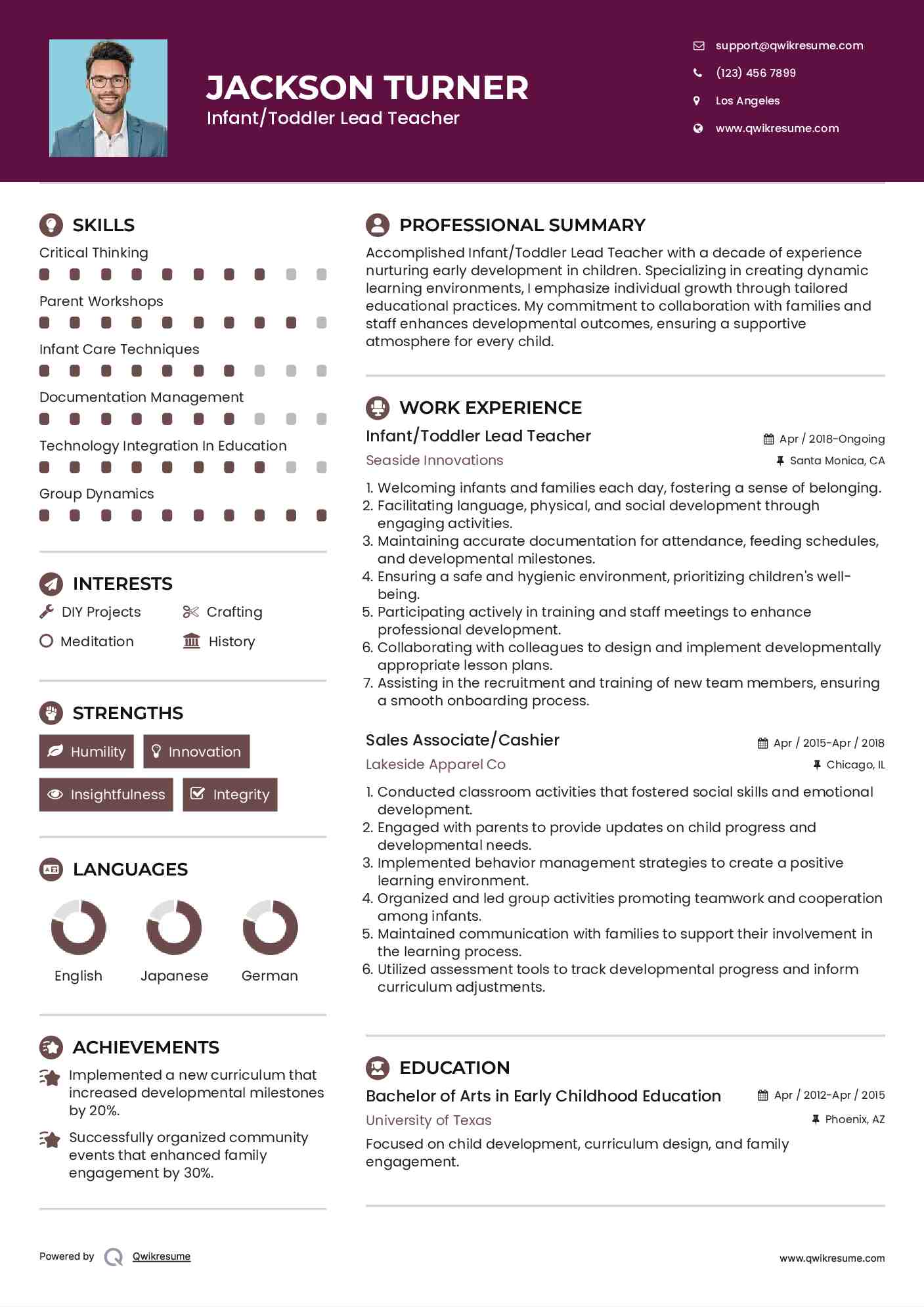 Infant/Toddler Lead Teacher Resume Sample