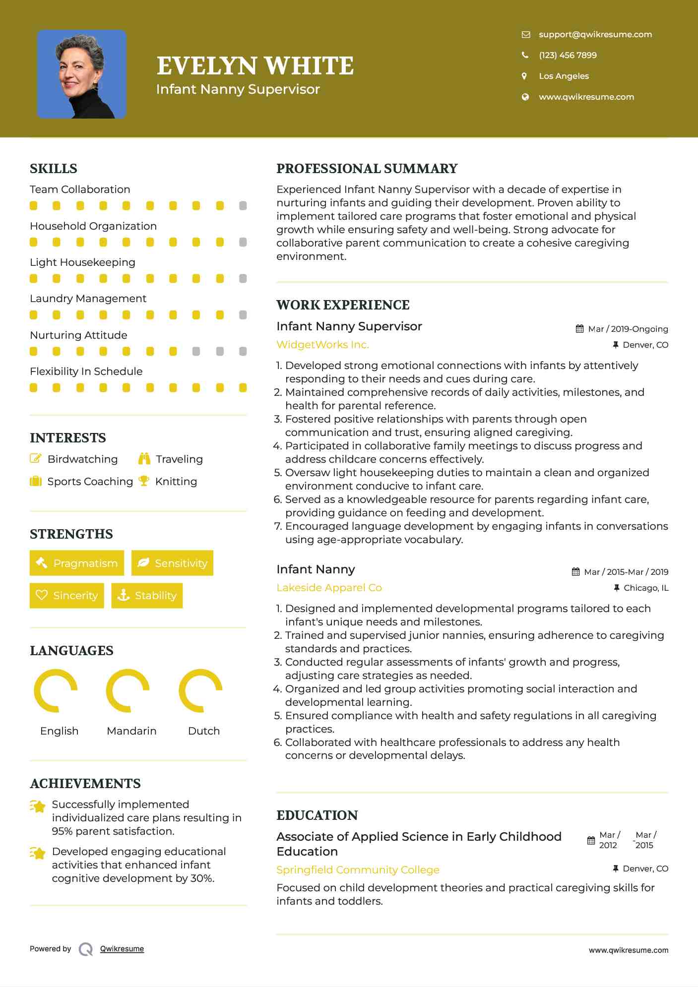 Infant Nanny Supervisor Resume Example