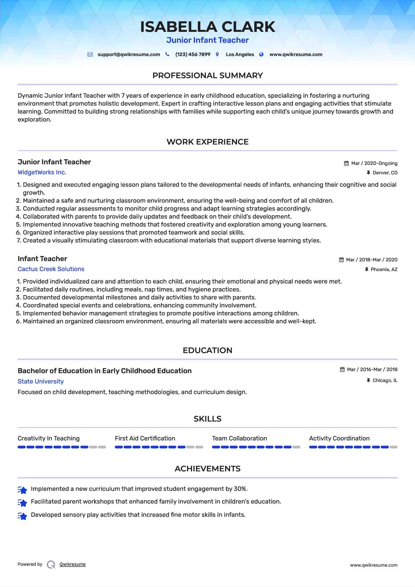 Junior Infant Teacher Resume Example