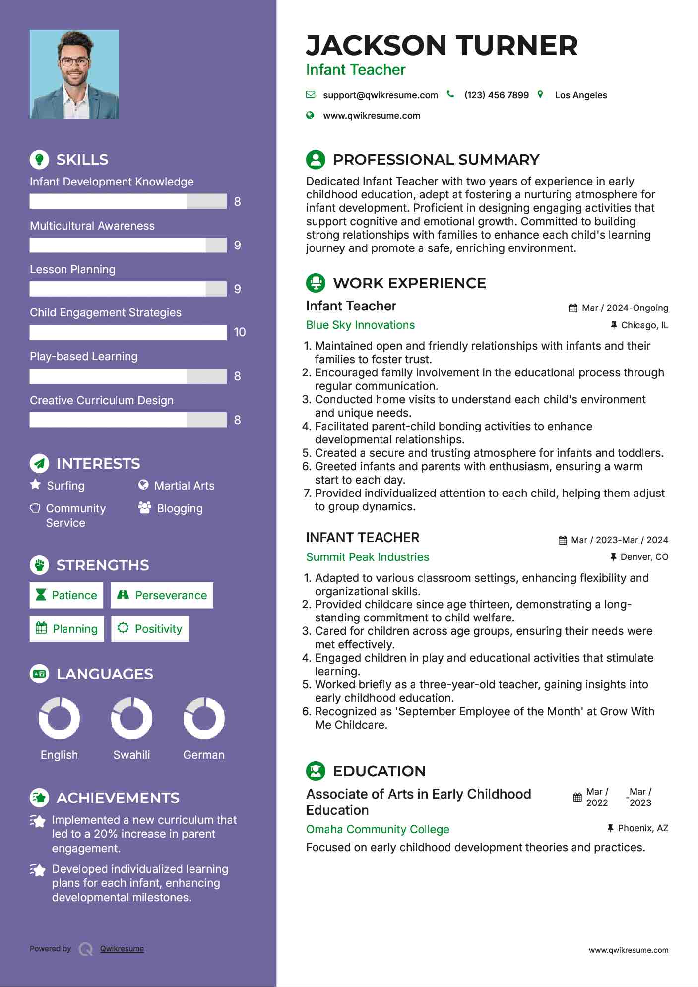 Infant Teacher Resume Sample