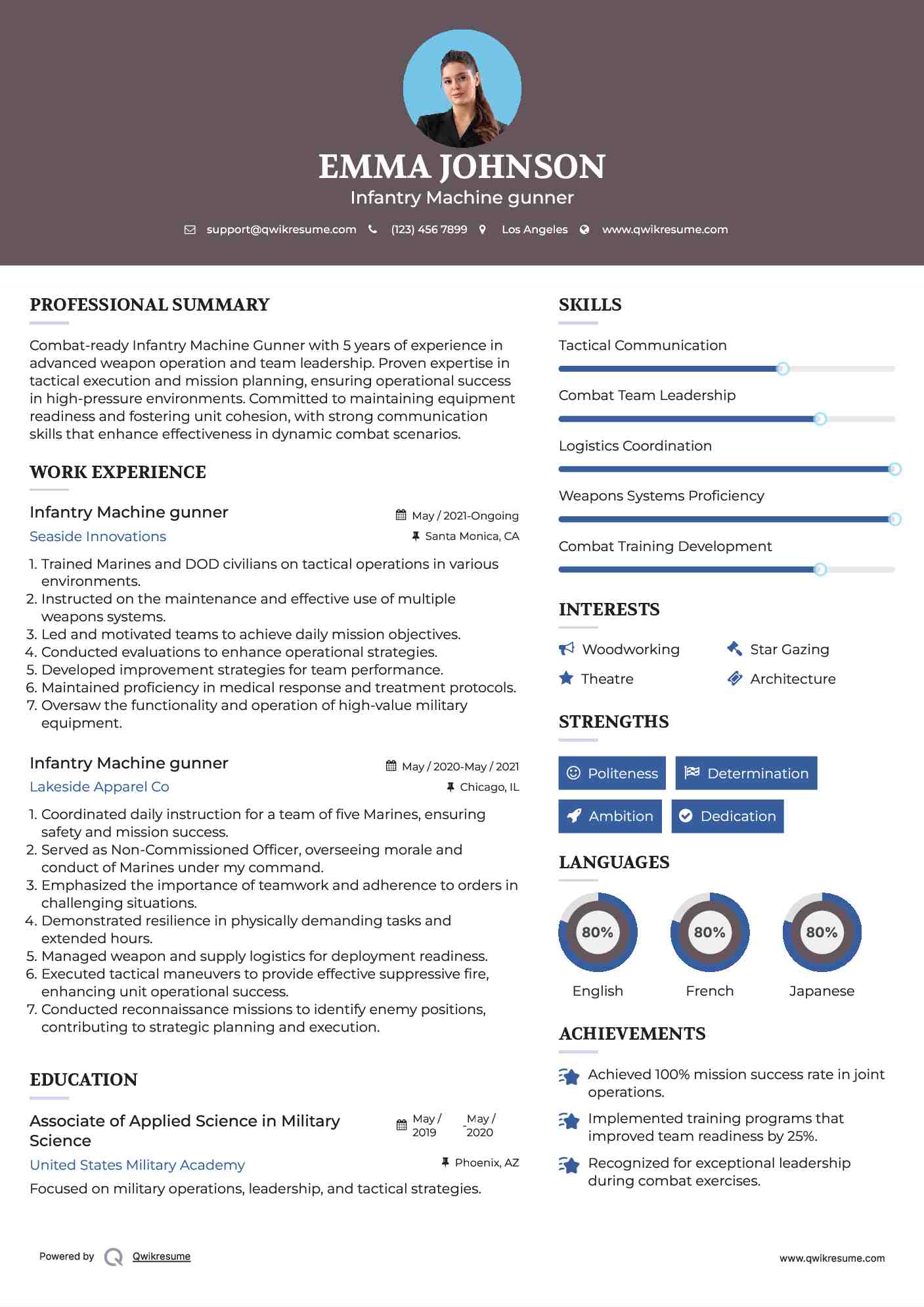 Infantry Machine gunner Resume Sample