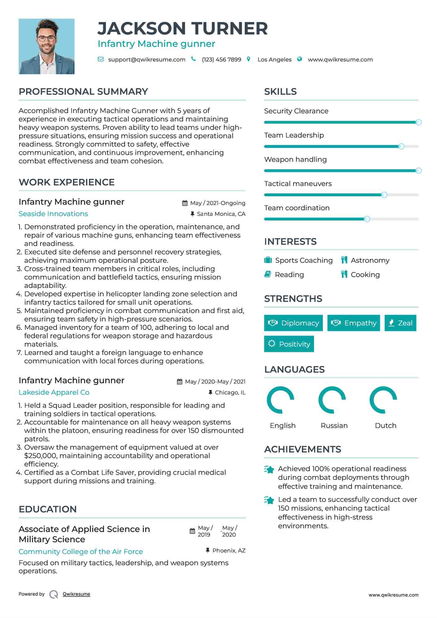 Infantry Machine gunner Resume Model