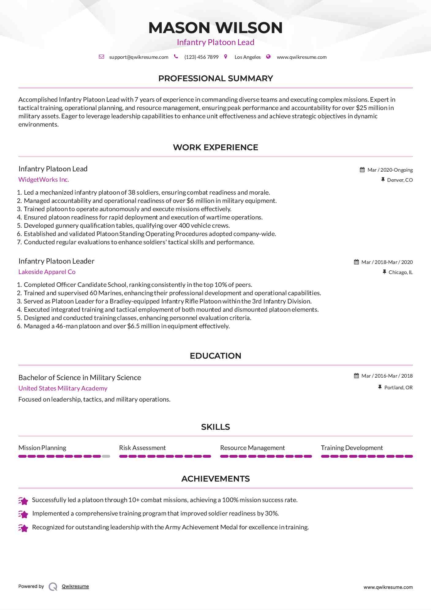 Infantry Platoon Lead Resume Model