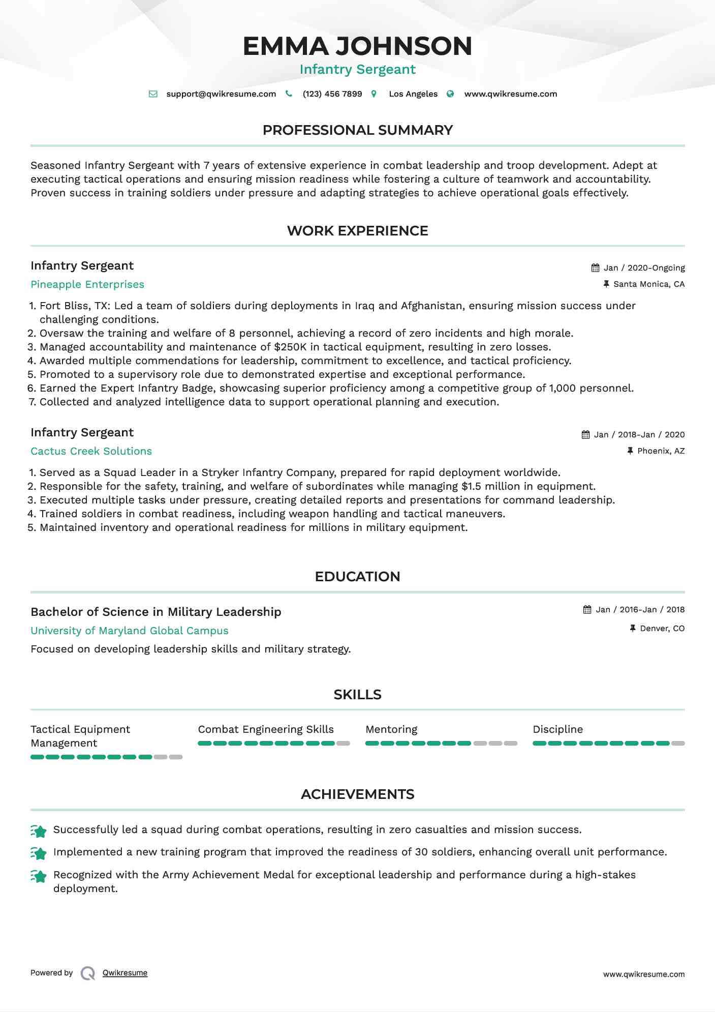 Infantry Sergeant Resume Template