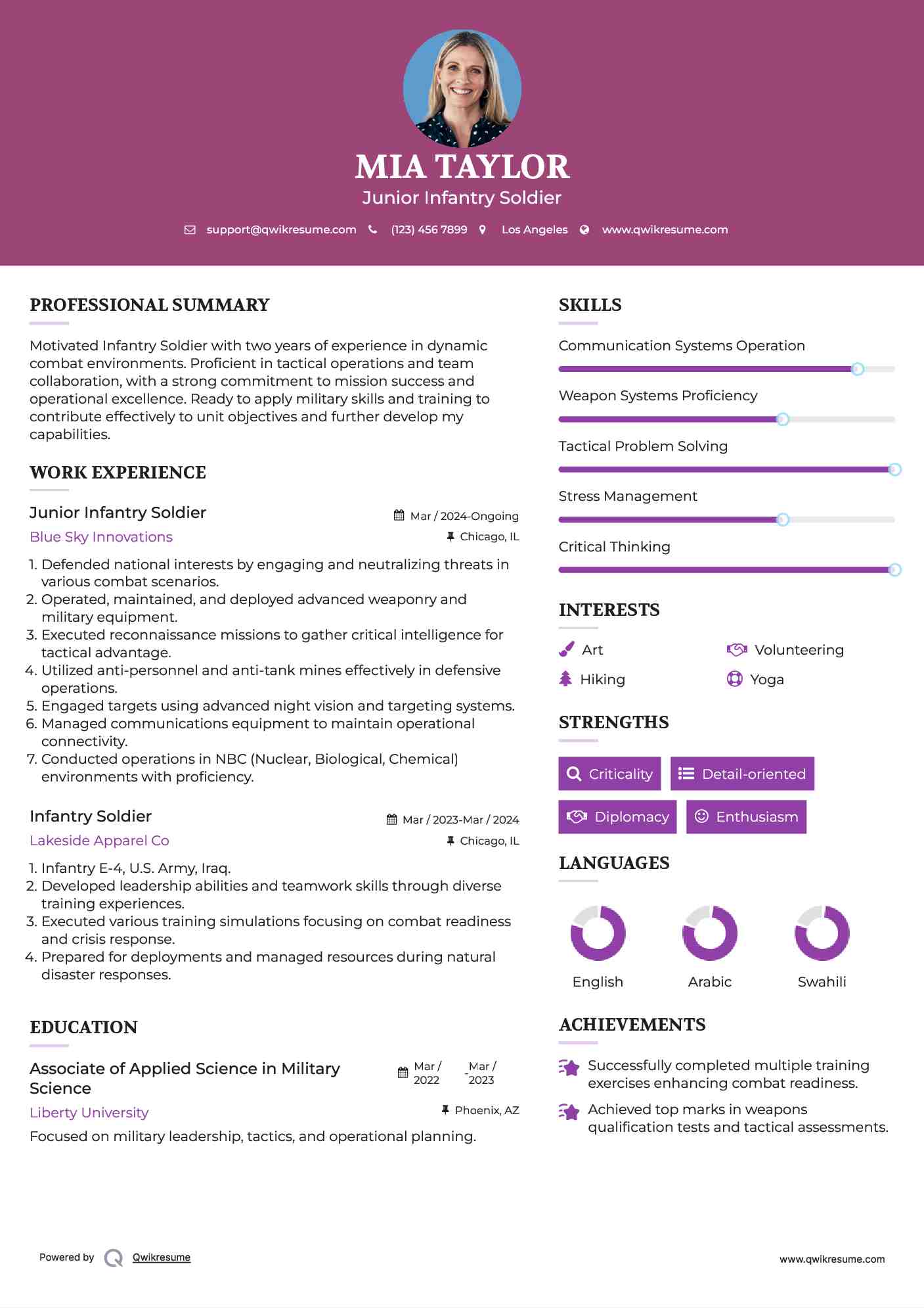 Junior Infantry Soldier Resume Format
