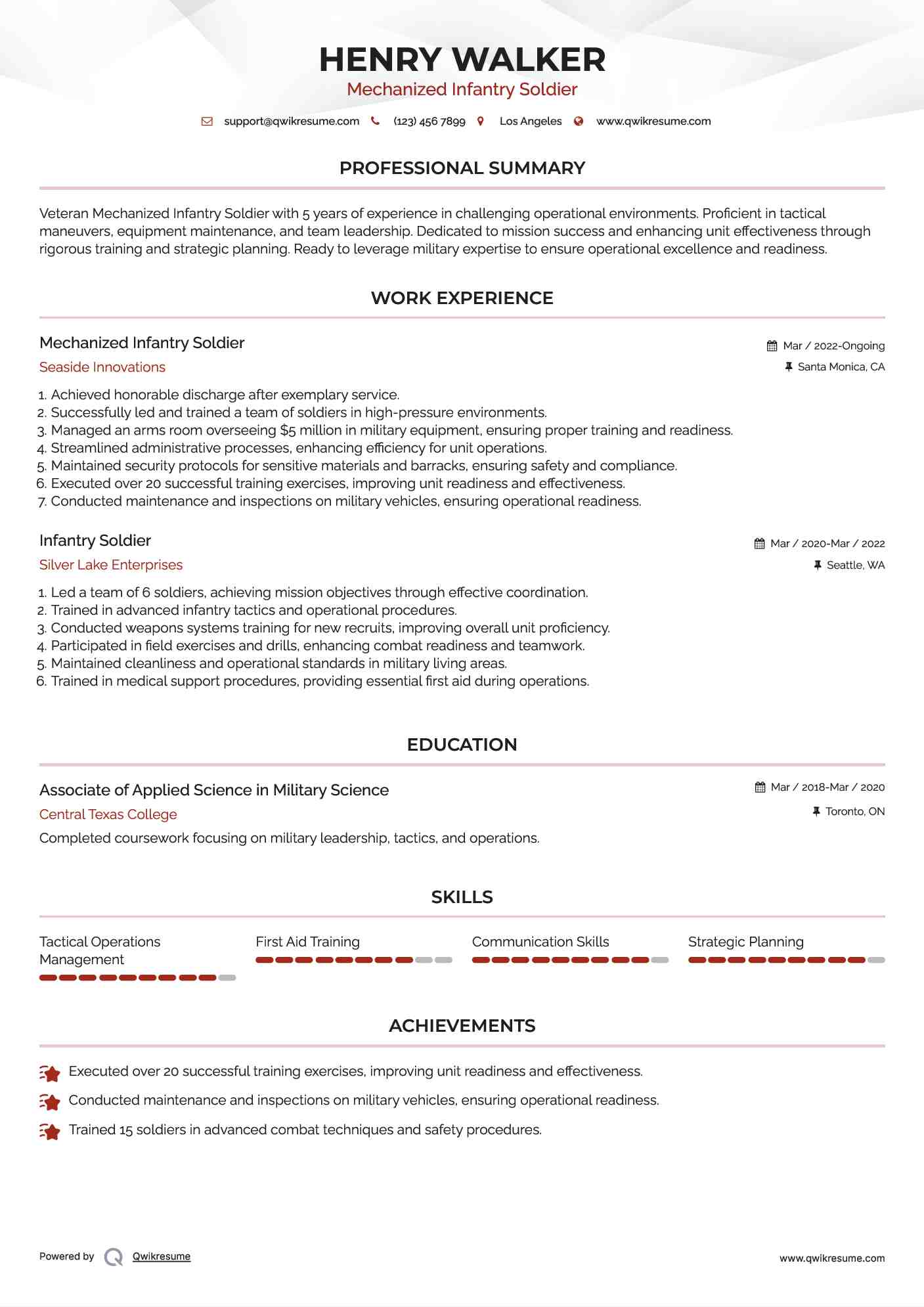 Mechanized Infantry Soldier
 Resume Format