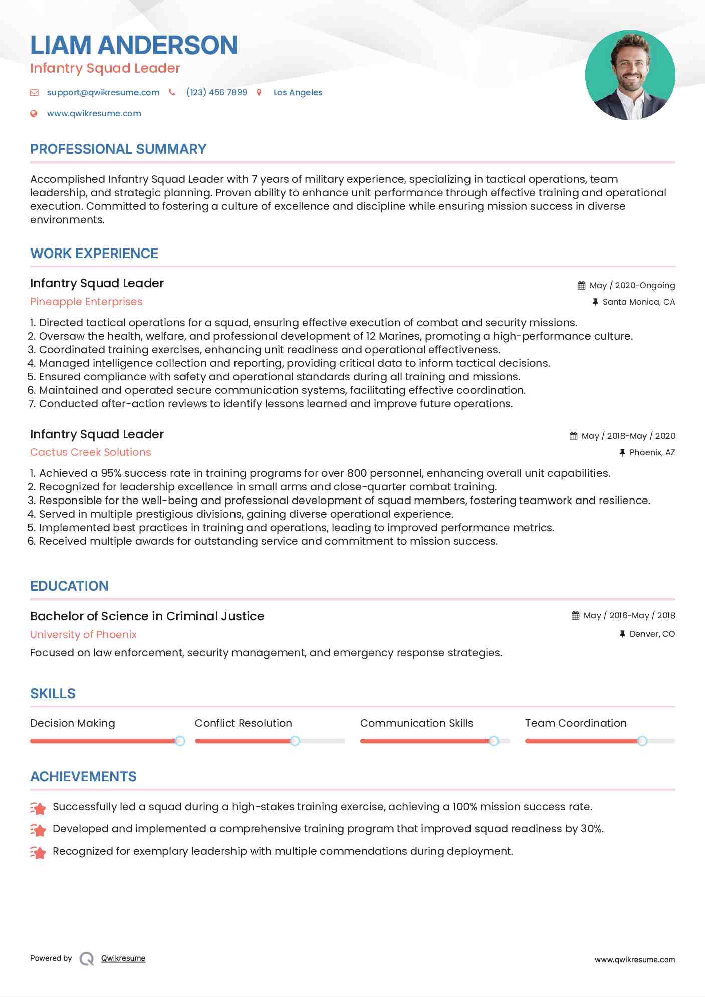 Infantry Squad Leader Resume Example